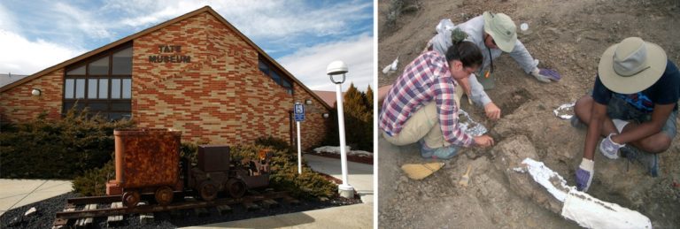 photo of brick building exterior and photo of people digging in the dirt