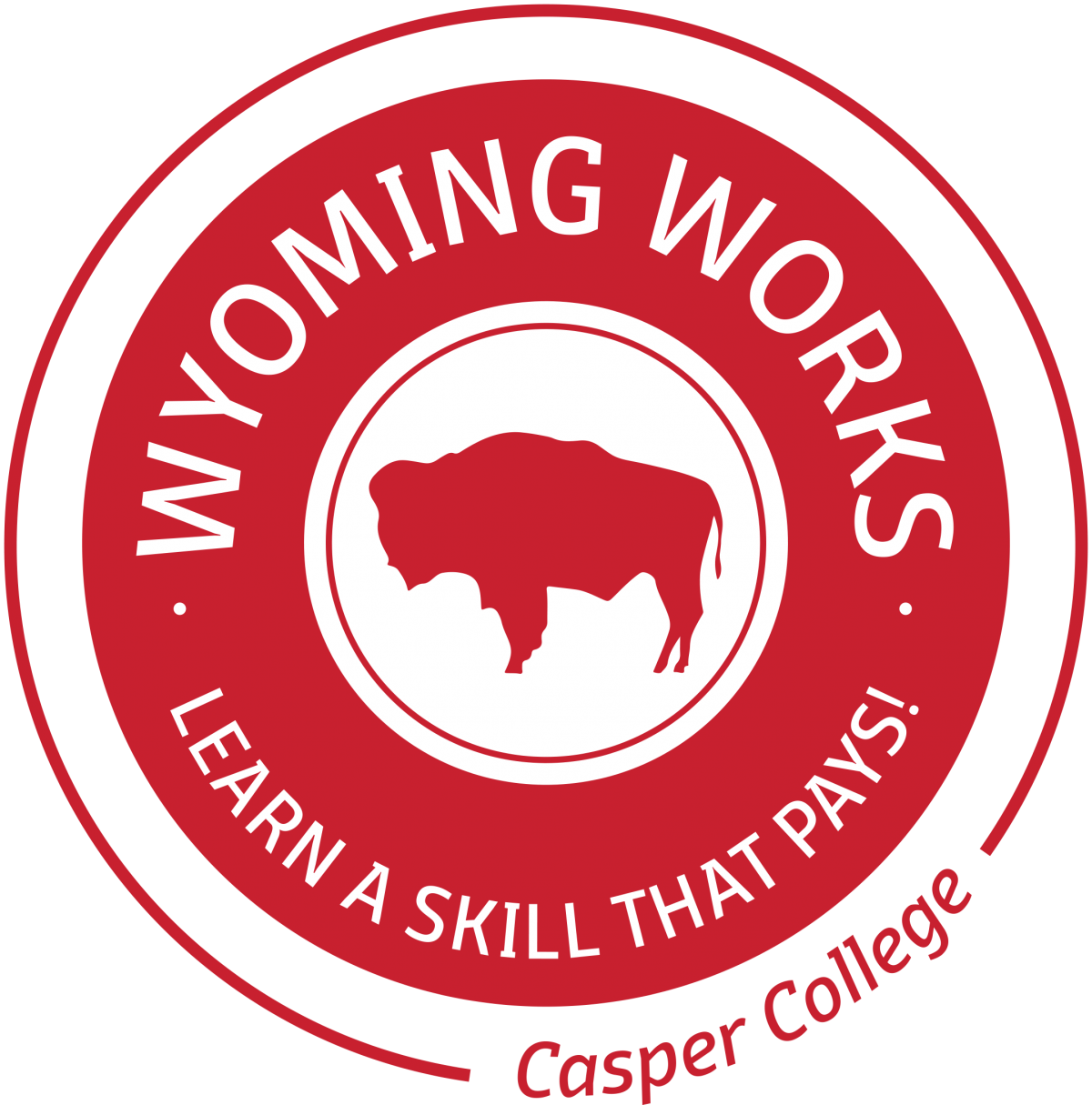 Red circle with a buffalo and the words "Wyoming Works, Learn a skill that pays!"