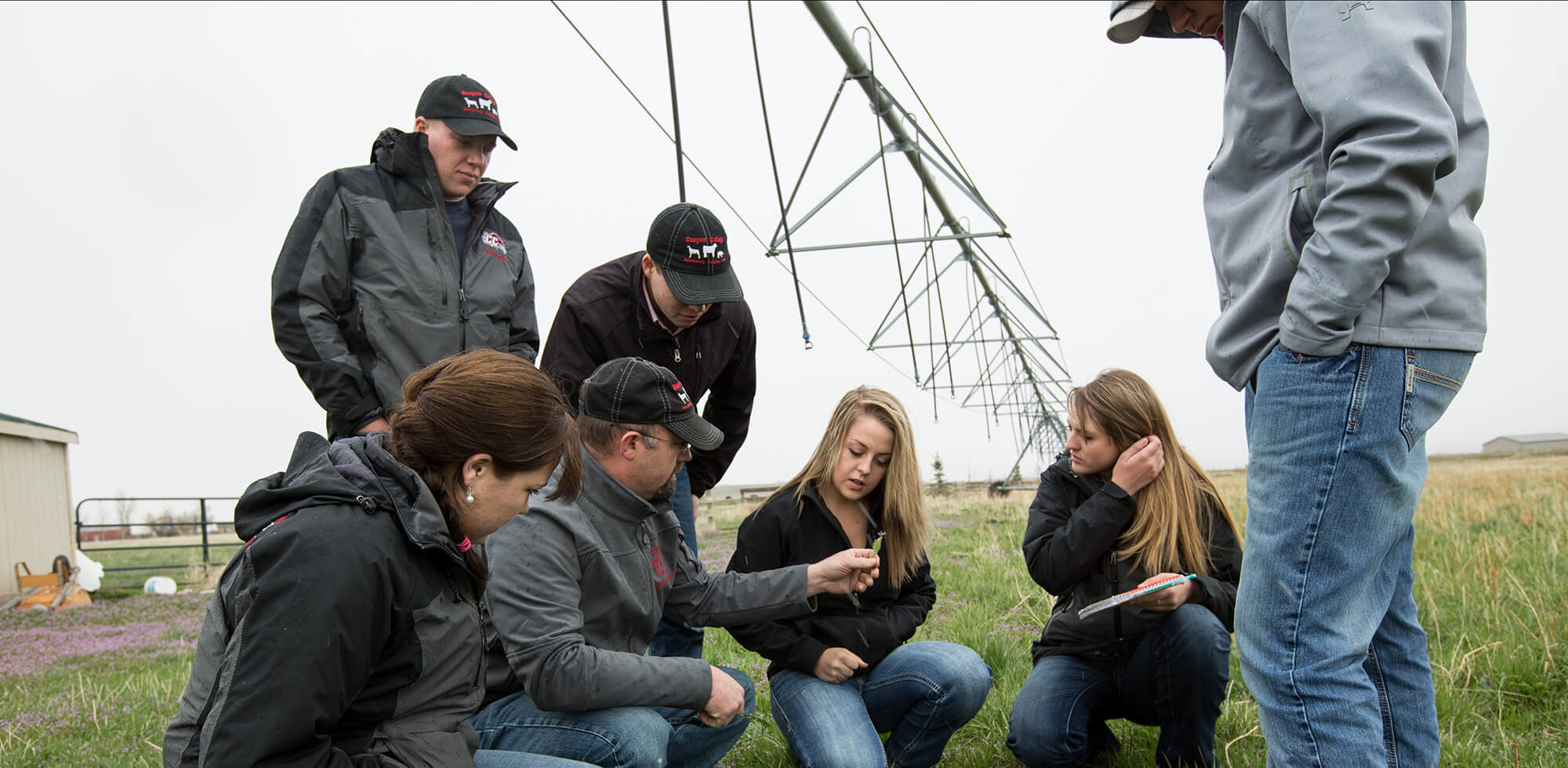 Range management class on a field trip looking at grass samples beneath an irrigation system.