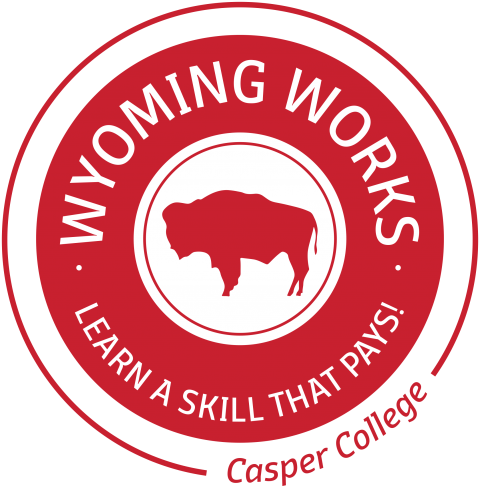 Red circle with a buffalo and the words "Wyoming Works, Learn a skill that pays!"