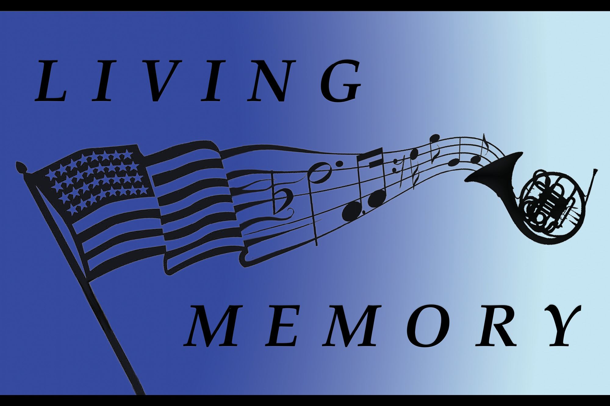 Image of flag, musical notes and a French horn with the word Living Memory