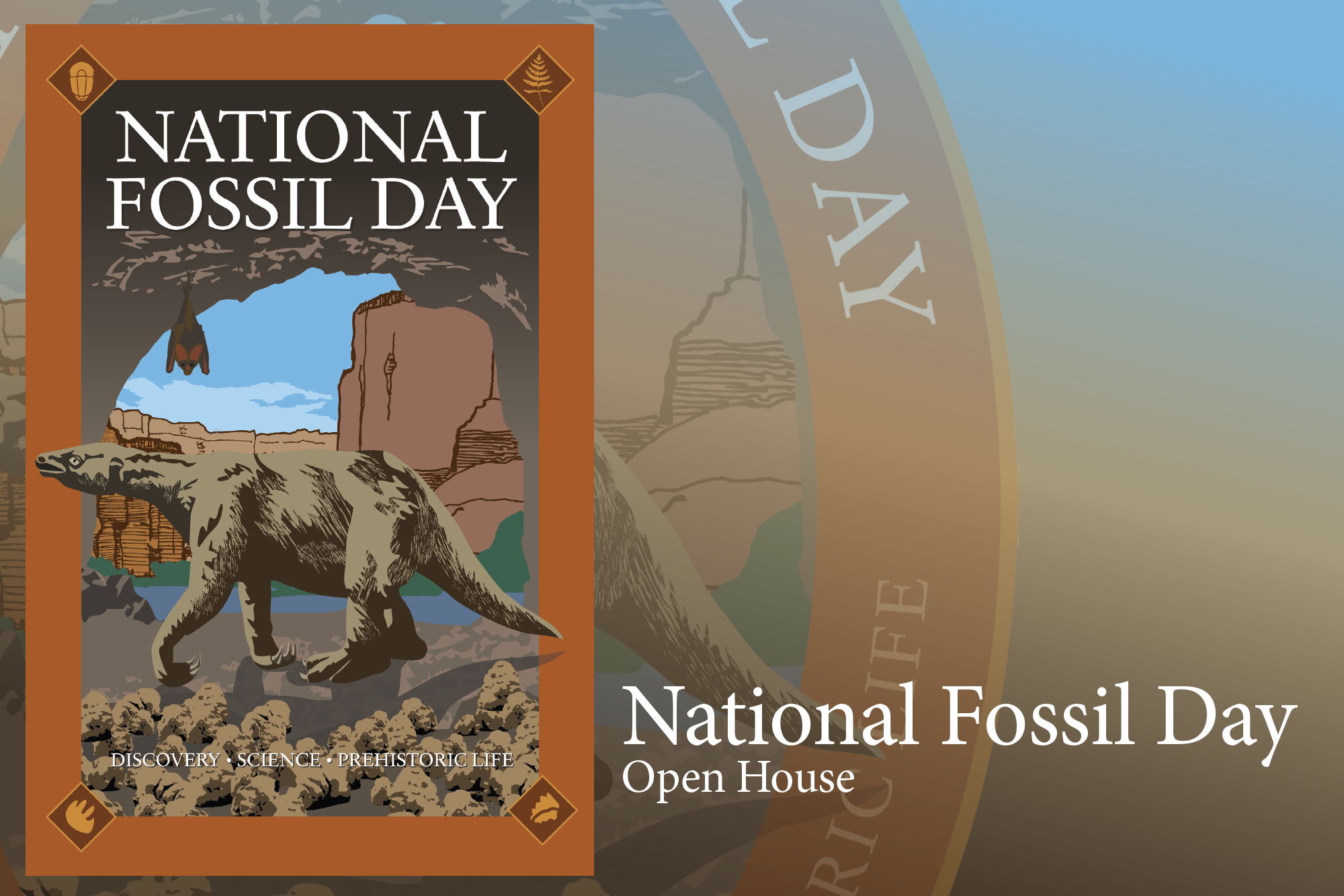 Image of prehistoric sloth with words National Fossil Day Open House