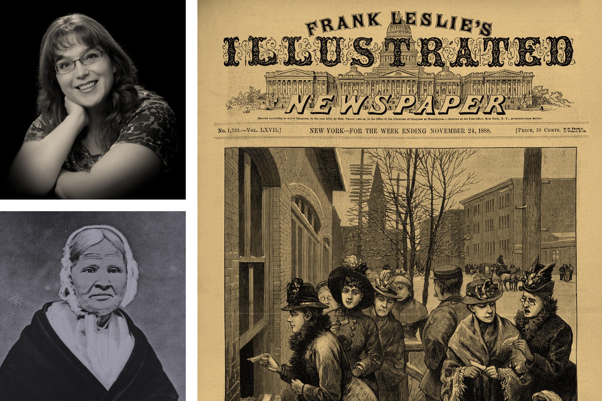 ArchiveMonthImage–1019 Image featuring a photo of two women and a reproduction of an old newspaper front page