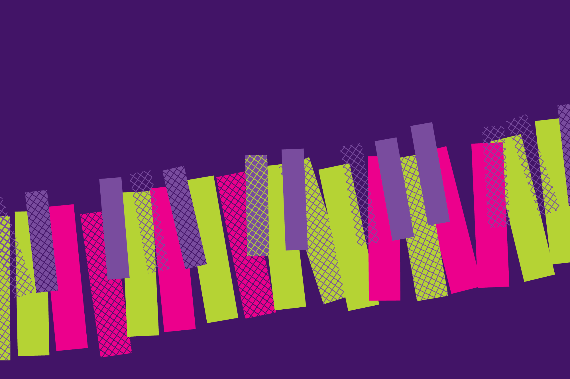 Abstract image of hot pink and lime green piano keys against a purple background.