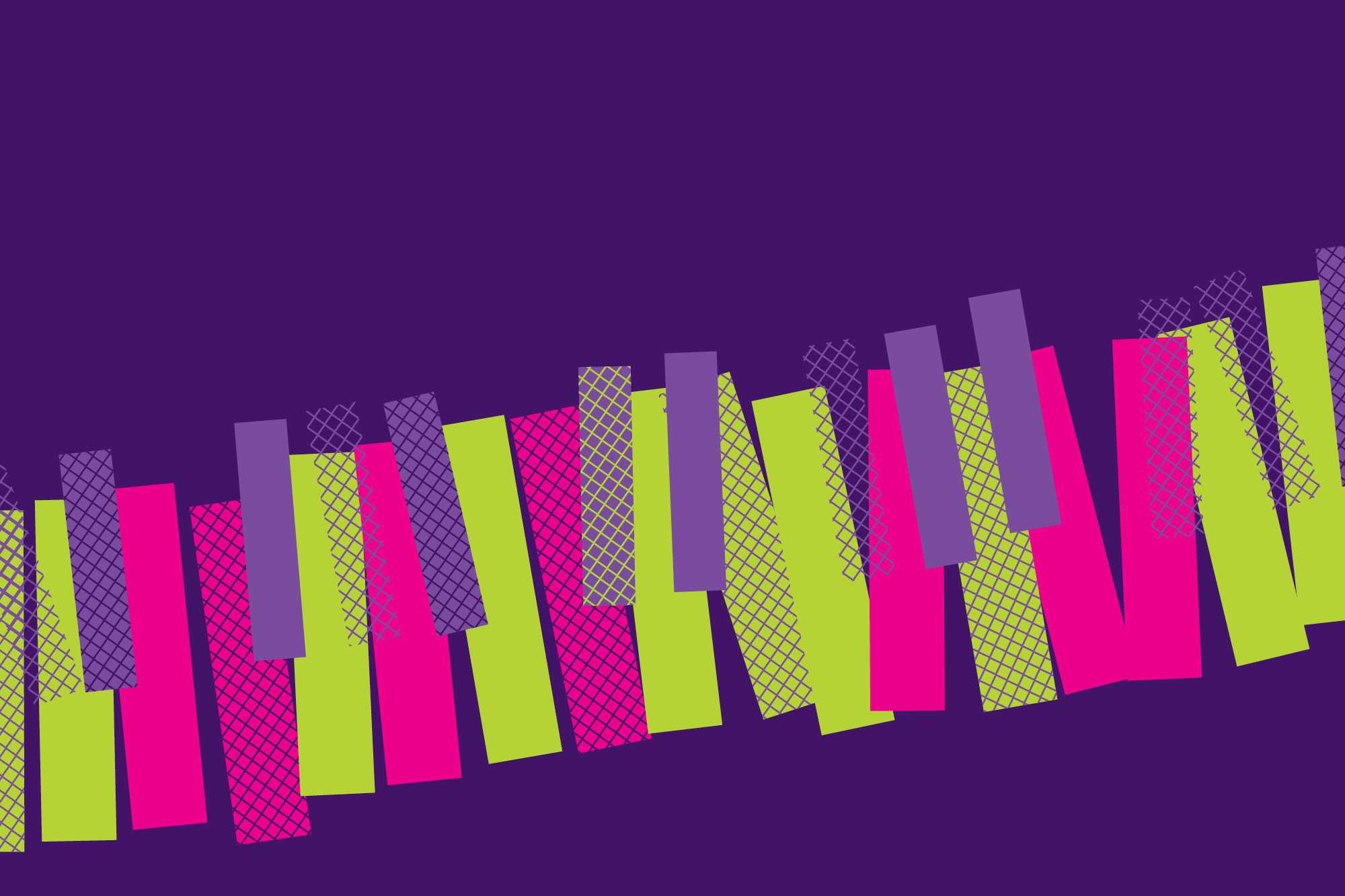 ArtLandeConcertImage–1019 Abstract image of hot pink and lime green piano keys against a purple background.