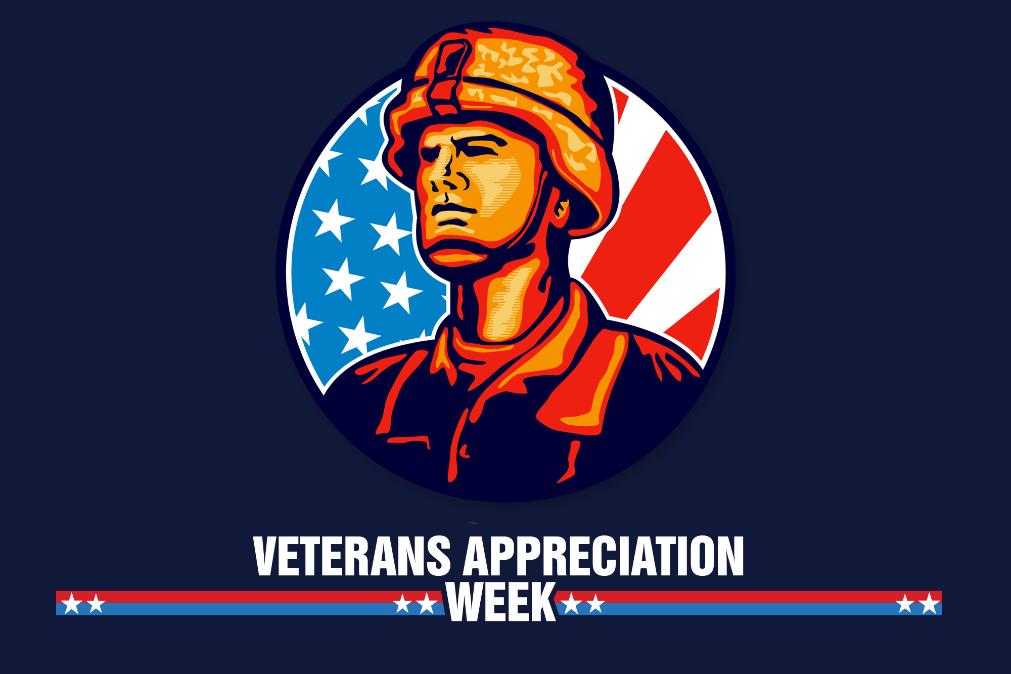 Artwork of a soldier against a background of the American flag wit the words "Veterans Appreciation Week."