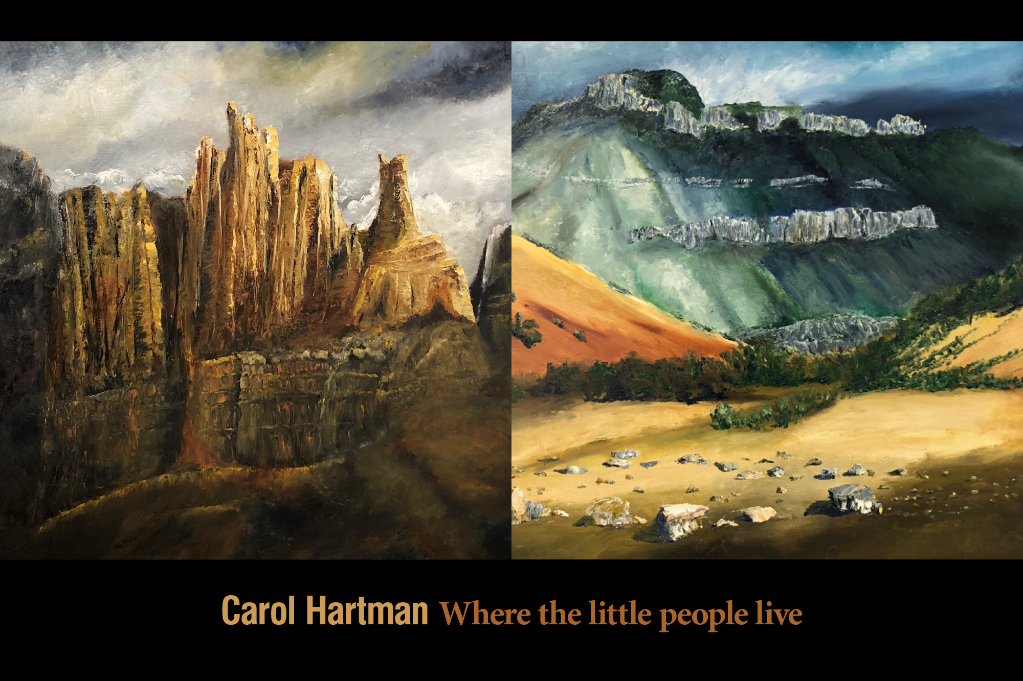 A photograph of two oil paintings by Carol Hartman with the words "Carol Hartman Where the little people live."