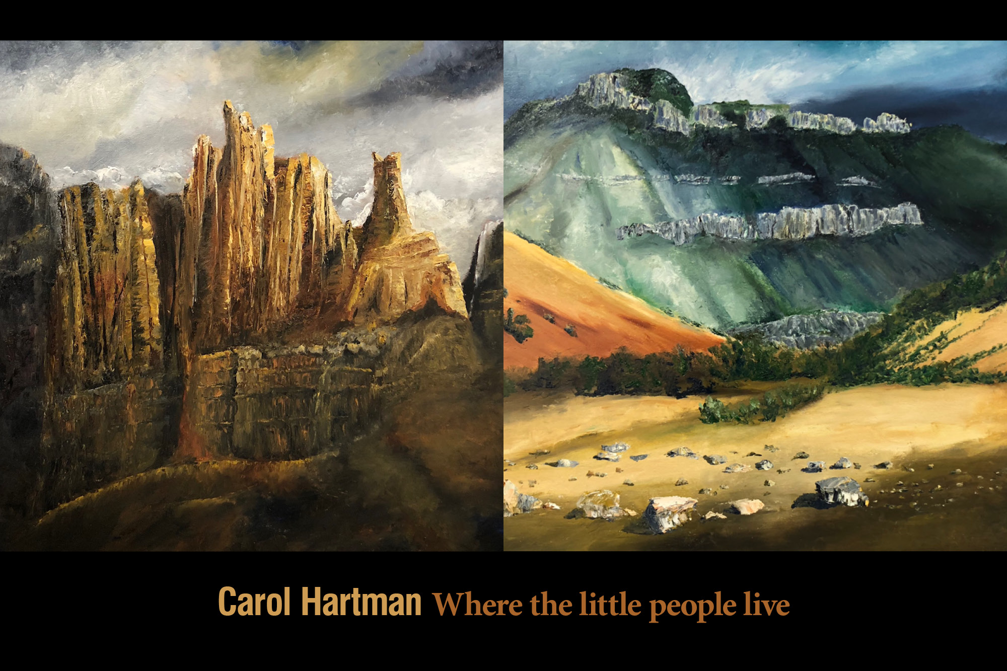 Carol Hartman Image–0120 A photograph of two oil paintings by Carol Hartman with the words "Carol Hartman Where the little people live."