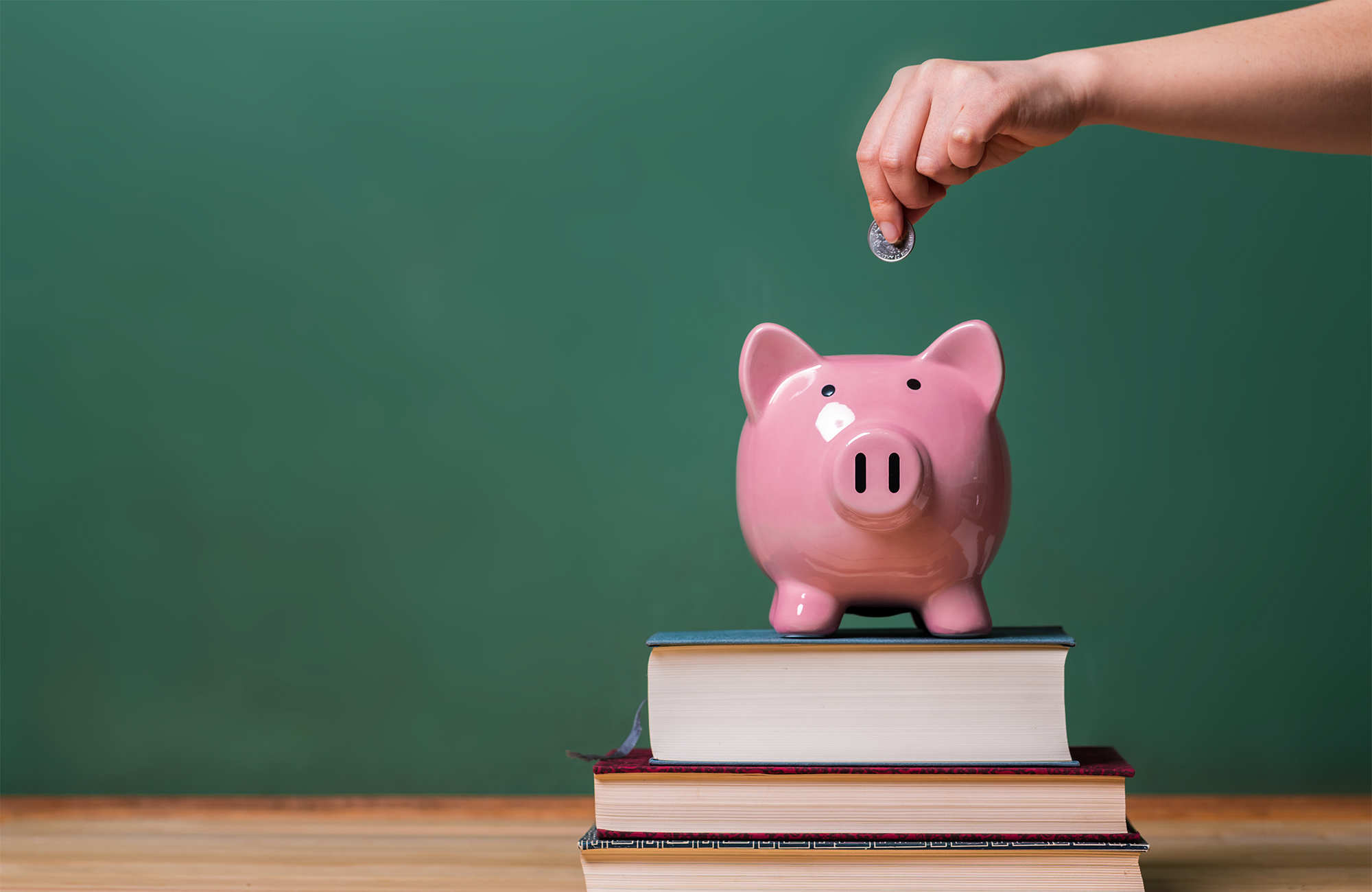 Photo of pink piggy bank on top of books with a hand depositing a coin into the bank.