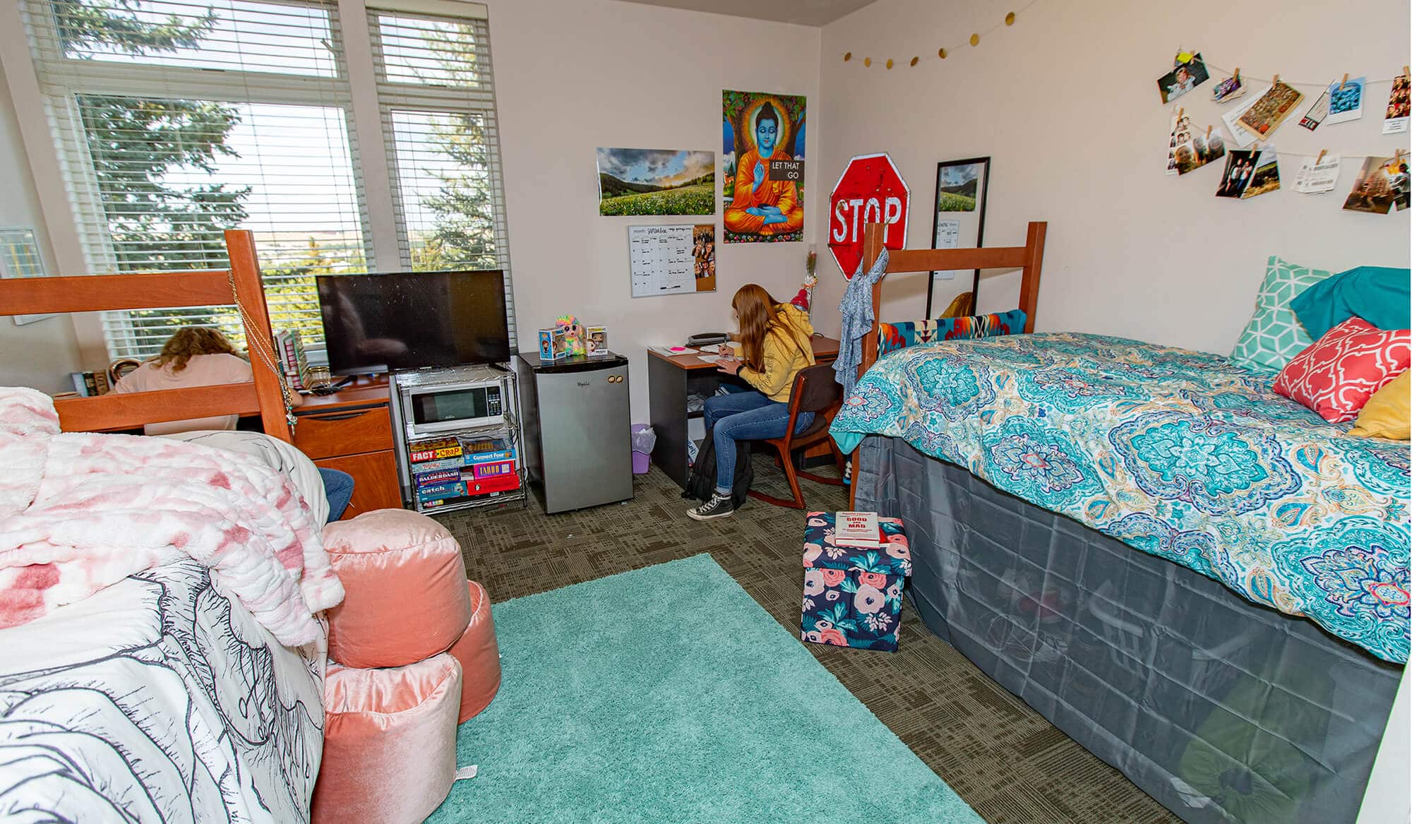 residence hall room studying