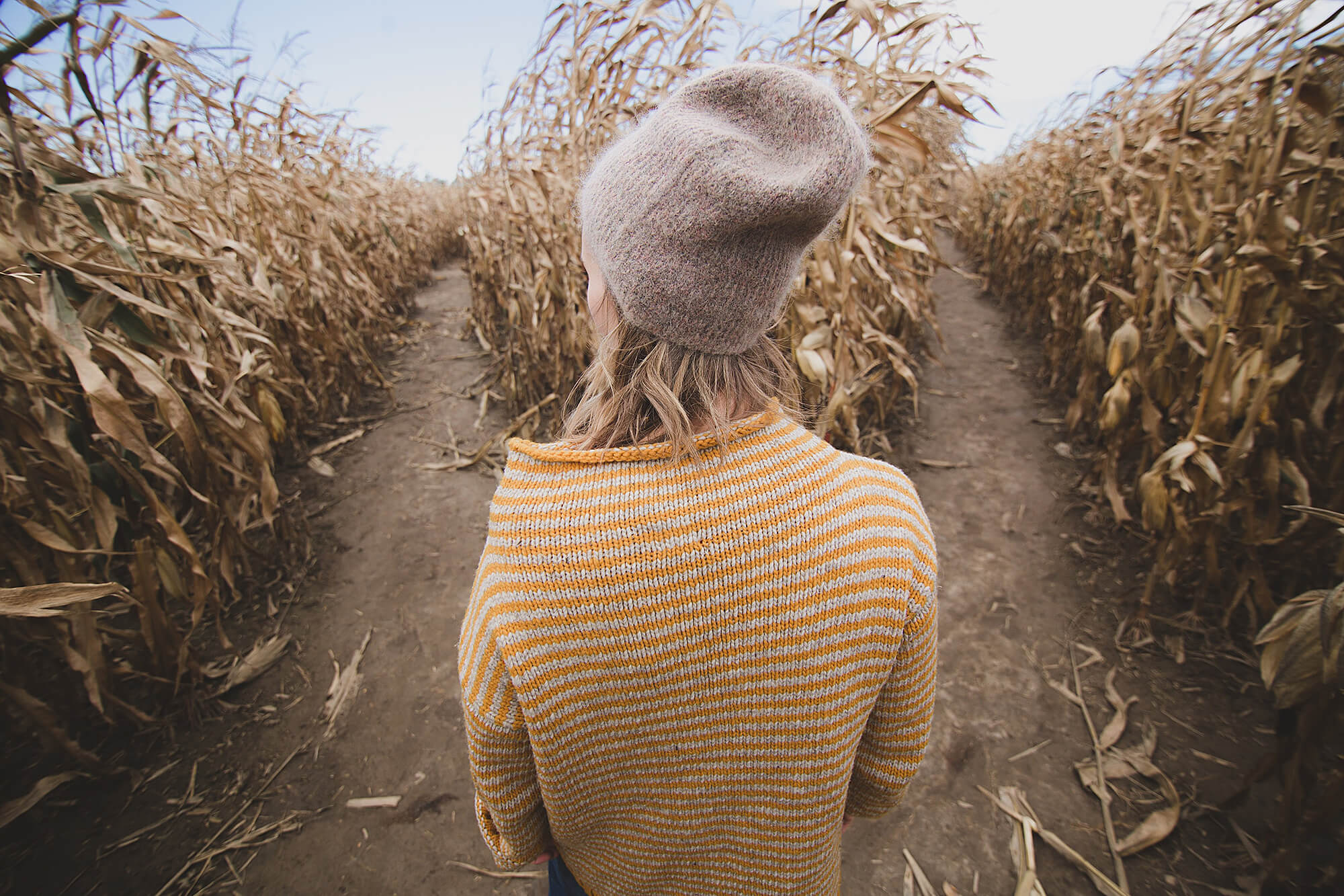 Photo of girl standing between rows of corn in a corn field.