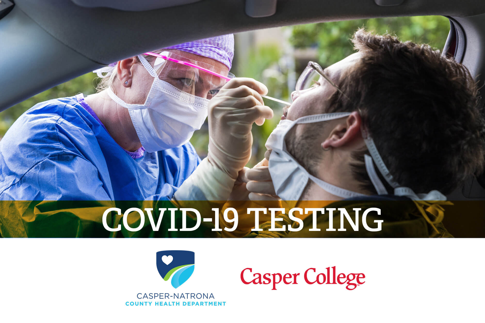 Photo of a person receiving a nasal COVID-19 test with the words "COVID-19 Testing."