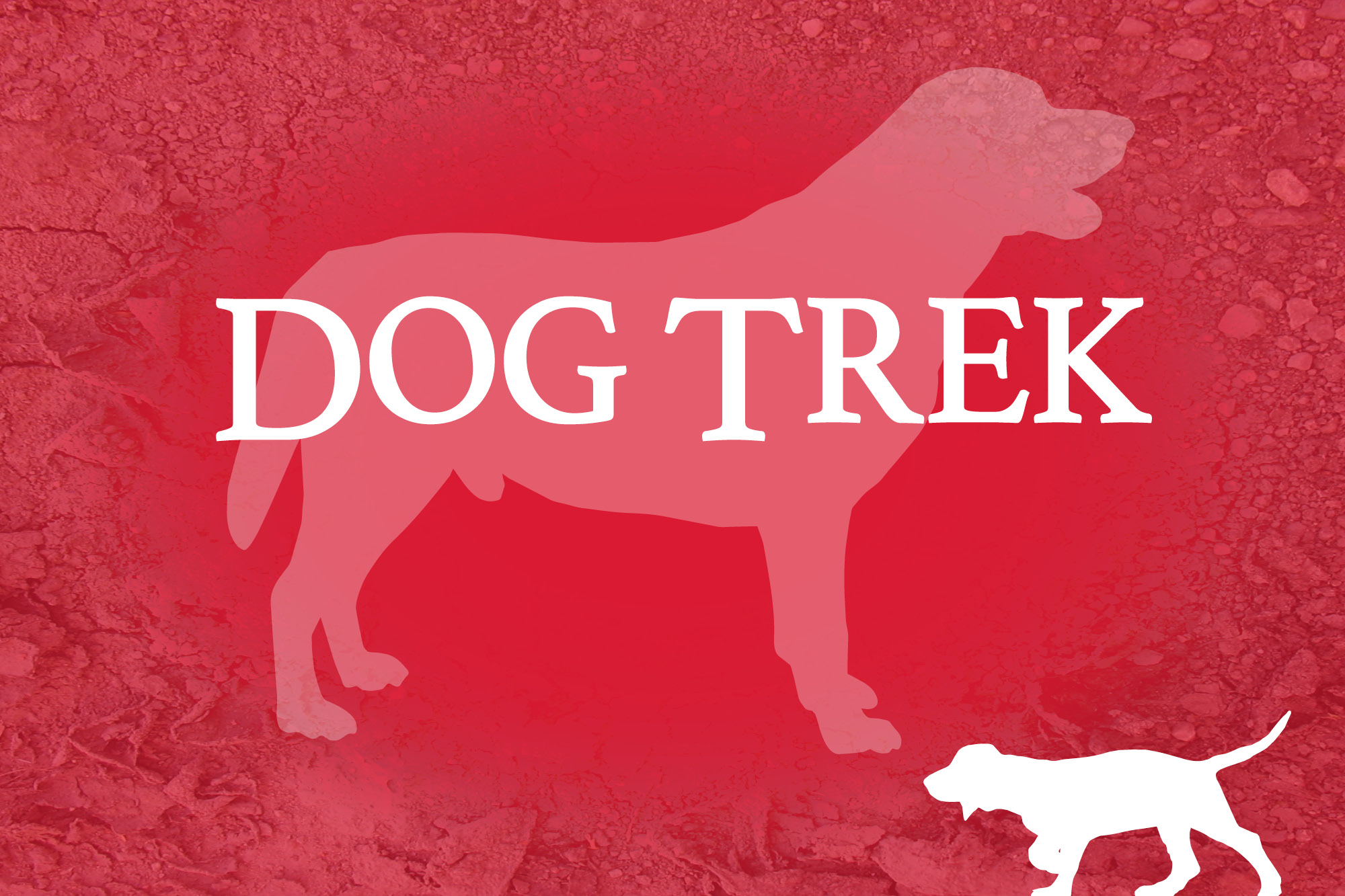Red background with two silhouettes of dogs and the words "Dog Trek."