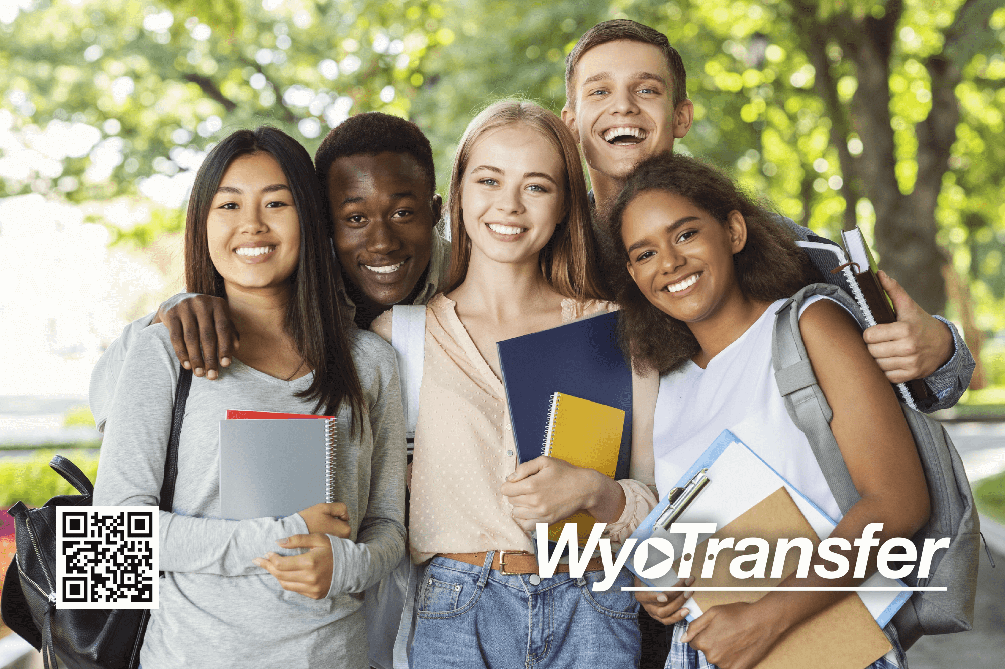 Photo of a group of college students with the word "WyoTransfer."