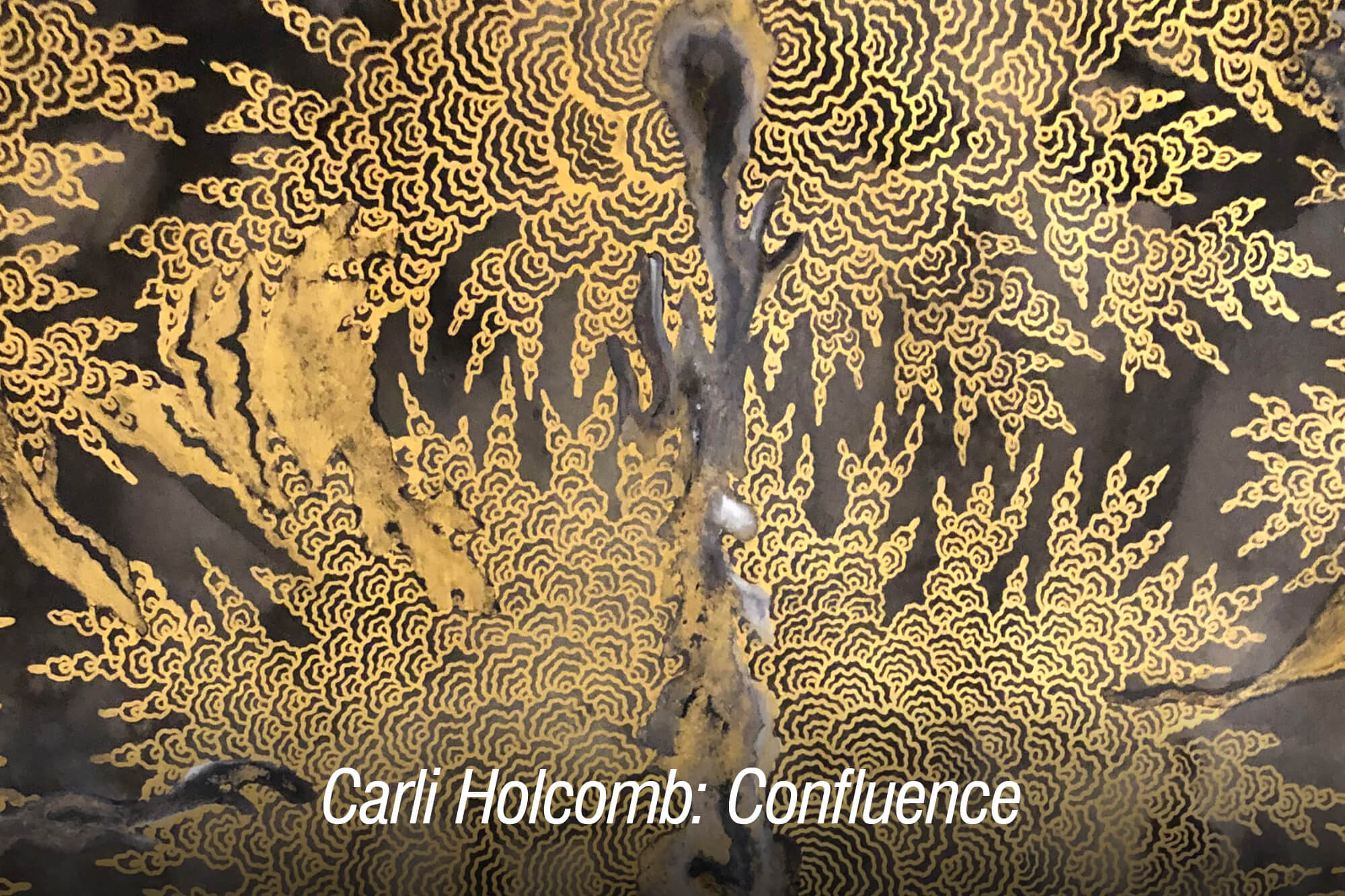 Image of metal artwork with the words "Carli Holcomb: Confluence."