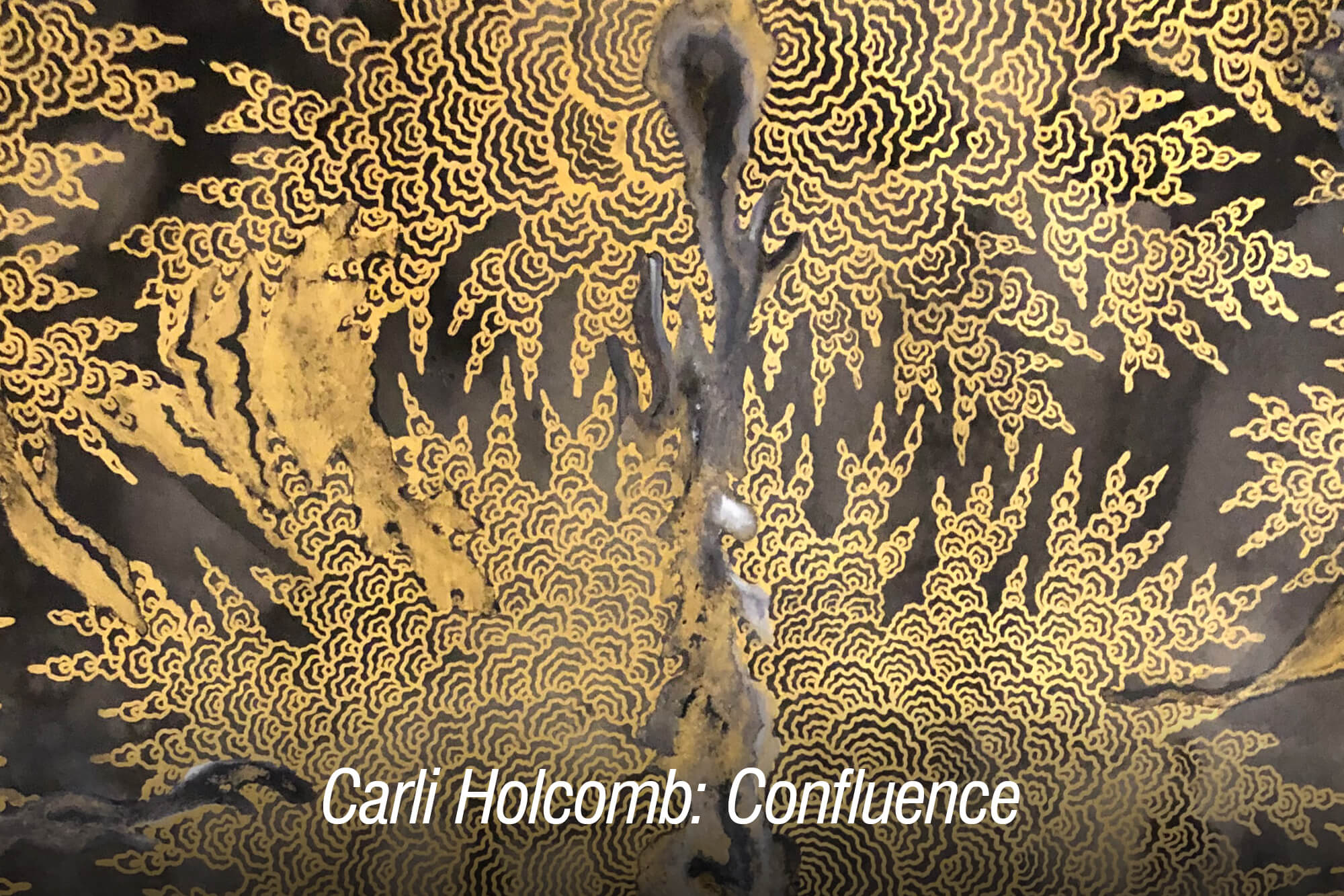 CarliHolcombImage–0221 Image of metal artwork with the words "Carli Holcomb: Confluence."