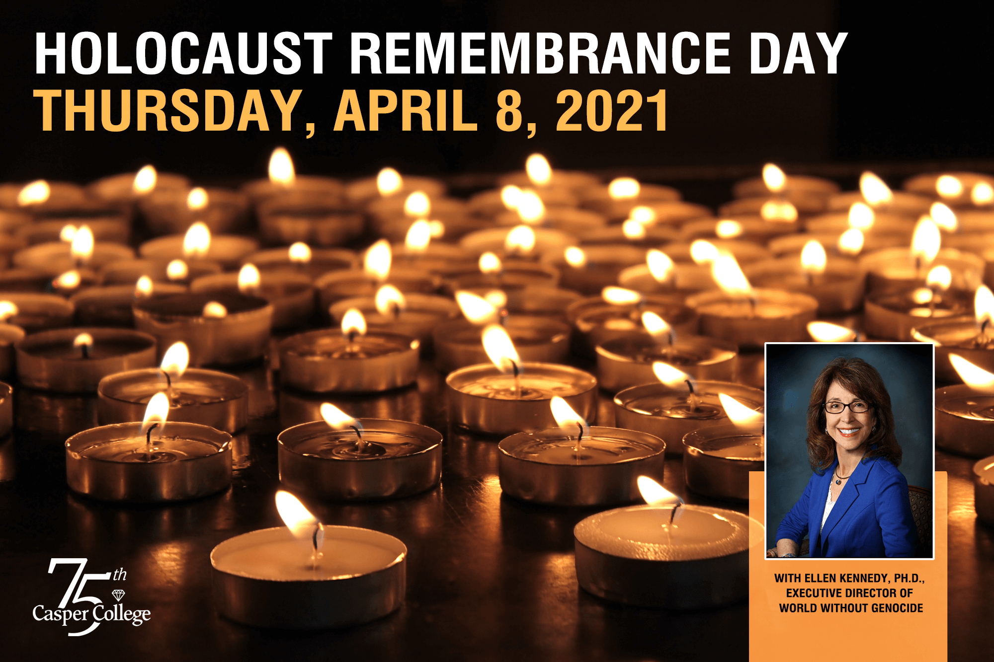 Photo of lit candles with the words "Holocaust Remembrance Day."