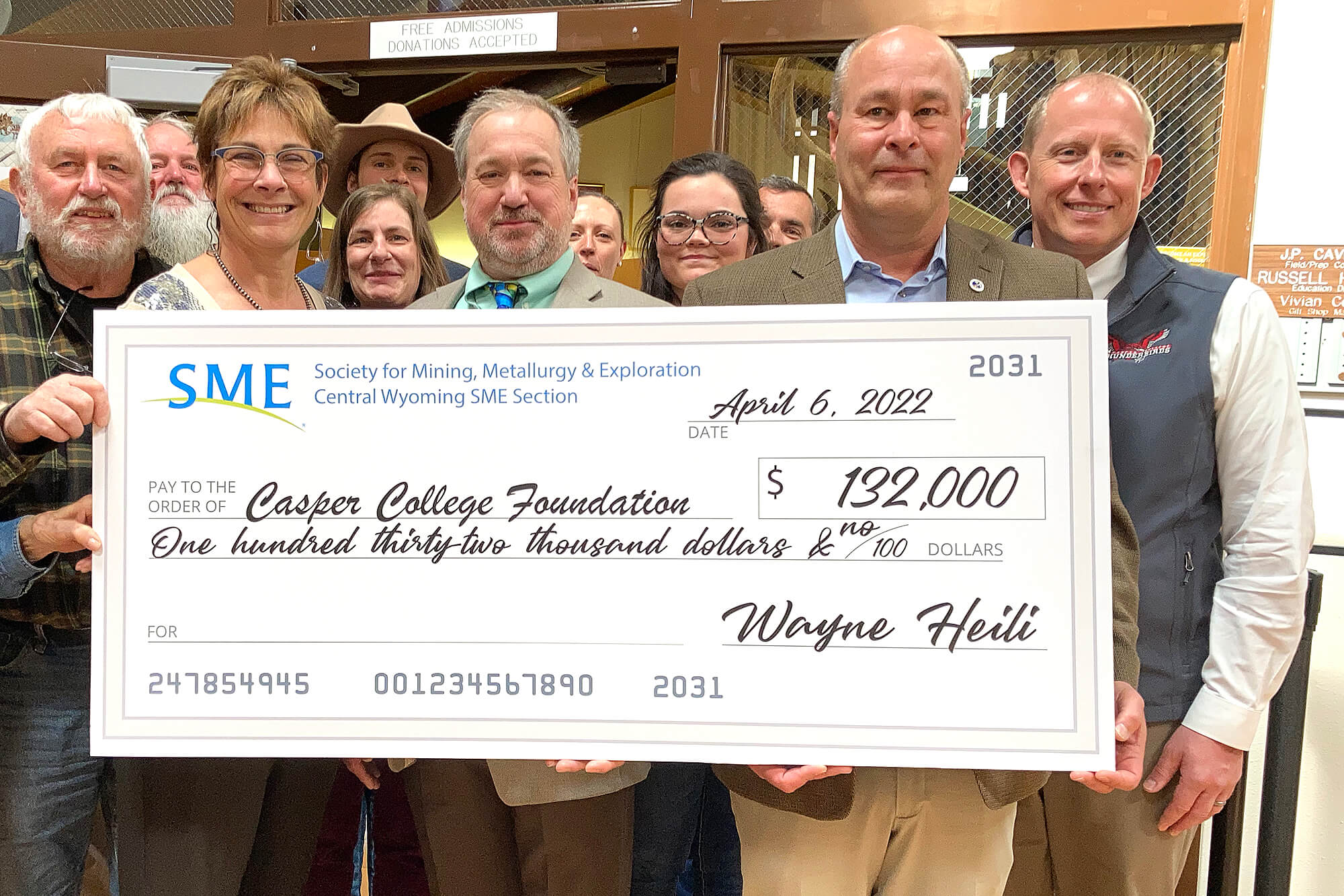 SMEDonationImage–0422 Photo of giant check from SME to Casper College.