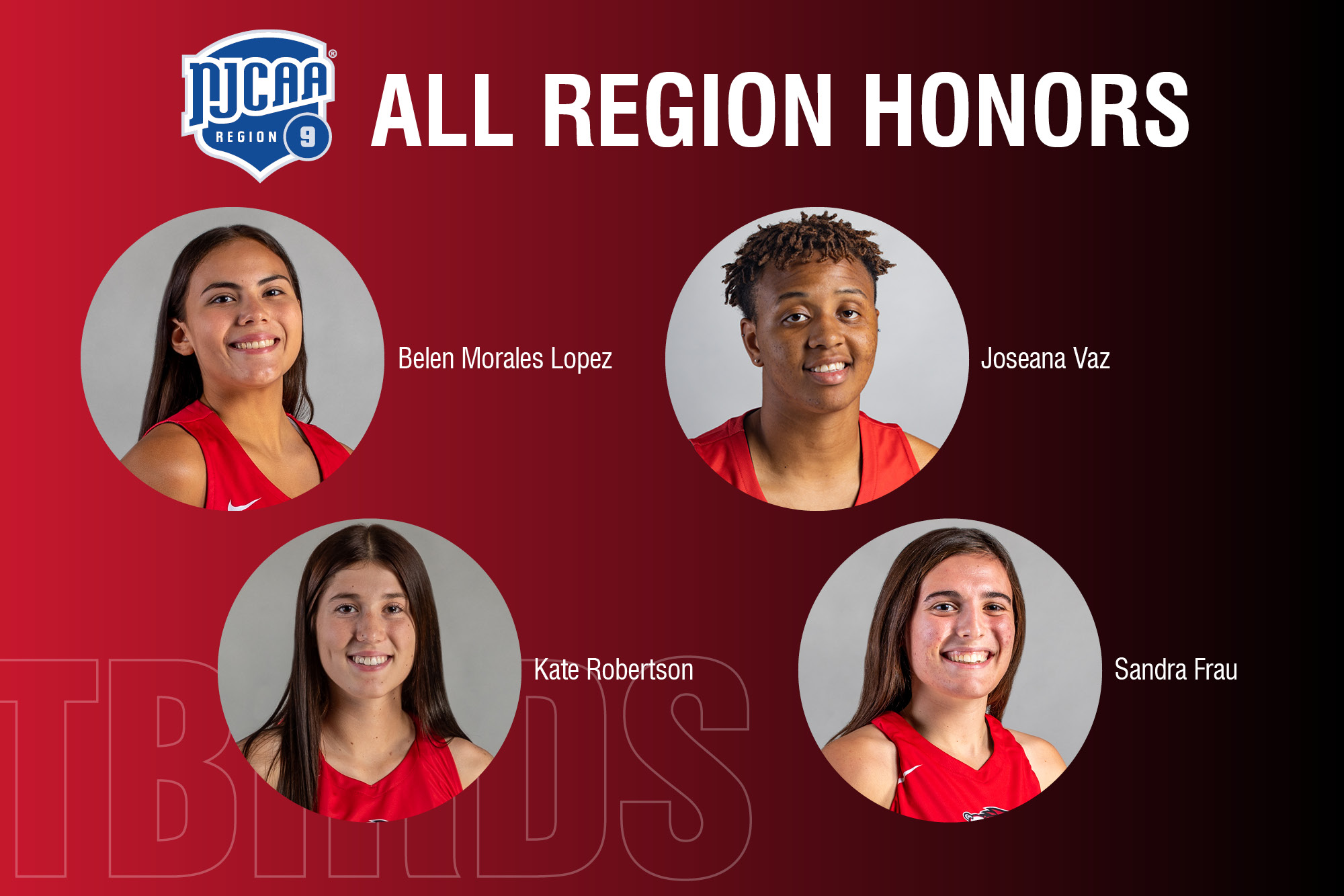 Image featuring pictures of four Lady T-Bird All-Region IX honorees.