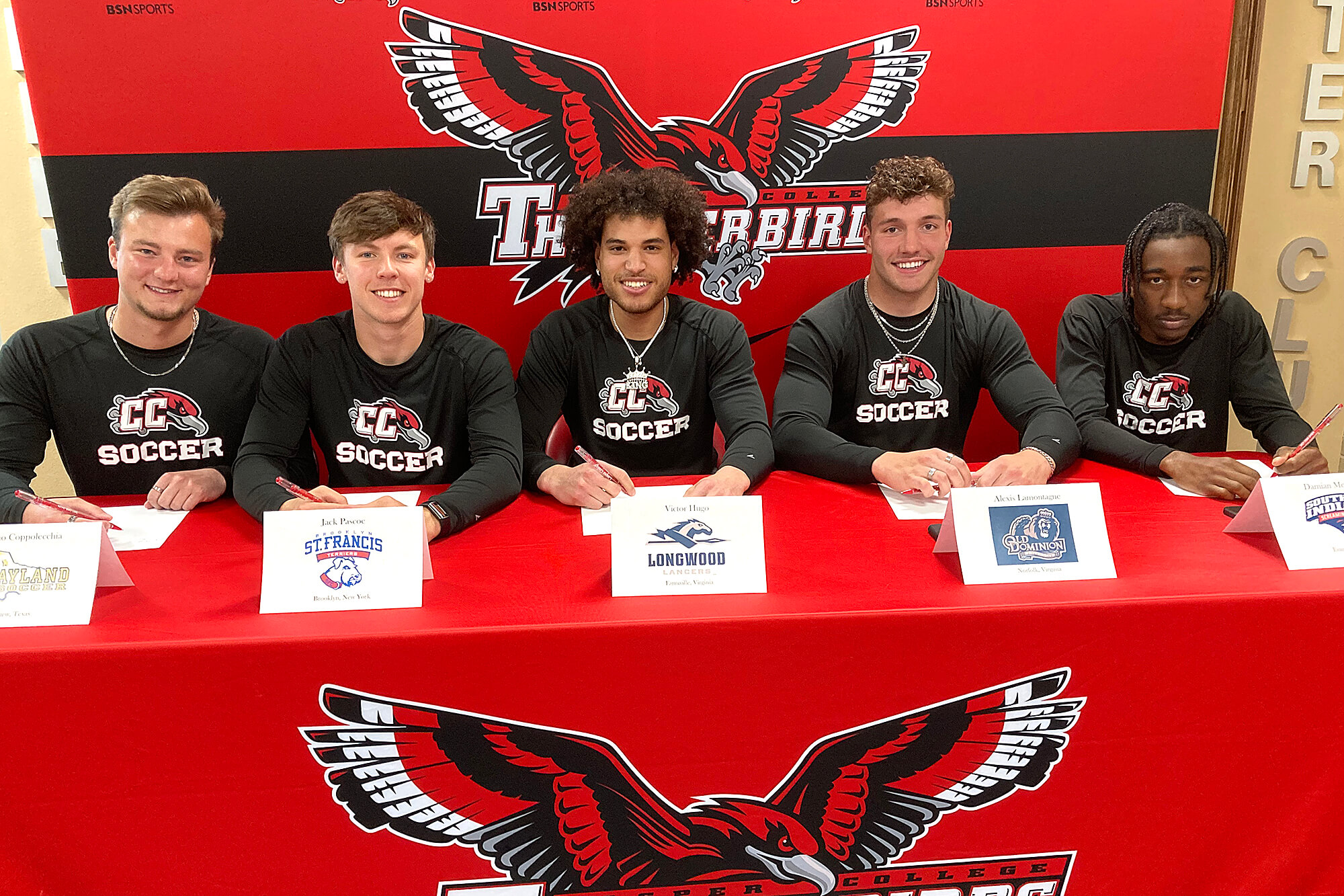 FiveSoccerPlayersSignLOIsImage–0522 A photo of five Casper College Men's Soccer player signing their letters of intent.