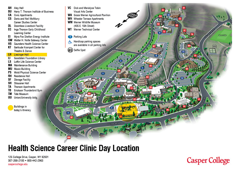 Casper College campus map featuring health science clinic location