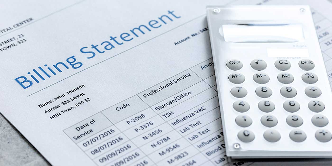 medical billing and coding graphic of billing statement and calculator