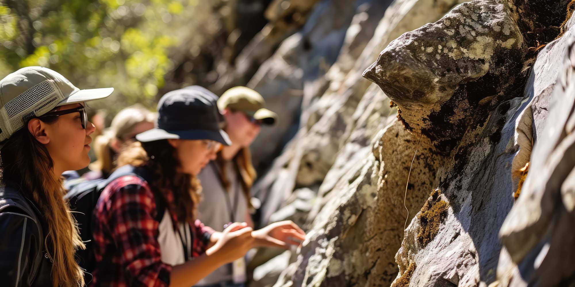 A student measures the angle of a rock formation outside.