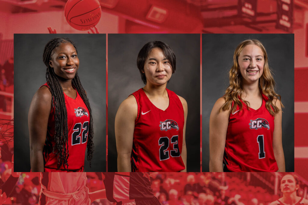 Image of Adama Badjie Coly, una Ueda, and Andi Schissler from the Casper College Women's Basketball team.