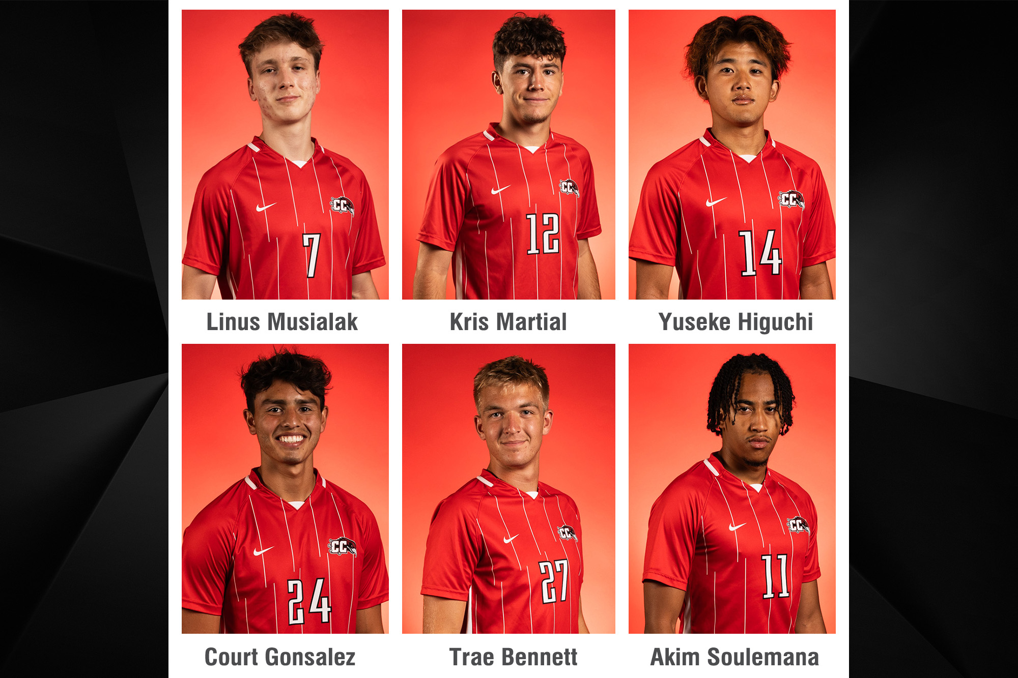 Men’sSoccerPlayersToFour-YearSchoolsImage–0525 Photo of six CC Men's Soccer team players for press release.