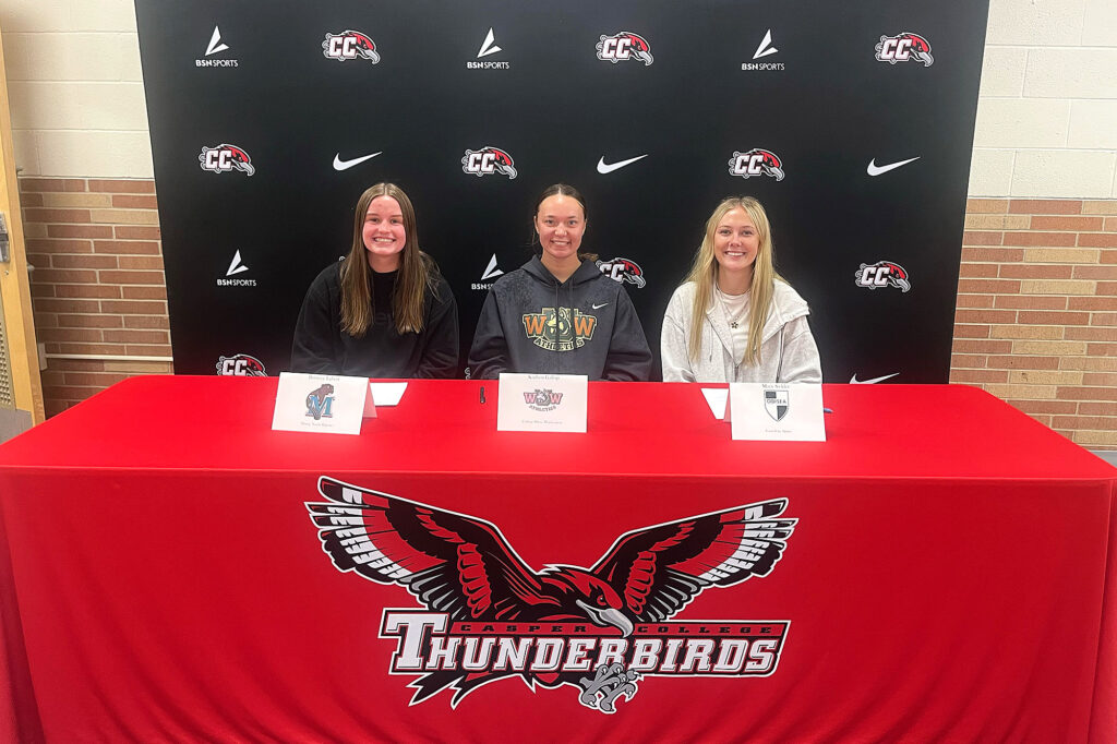 Three 2024-2025 Casper College soccer players sign their letters of intent. From left to right, Brittney Egbert, Kaylinn Gallup, Macy Sickler.