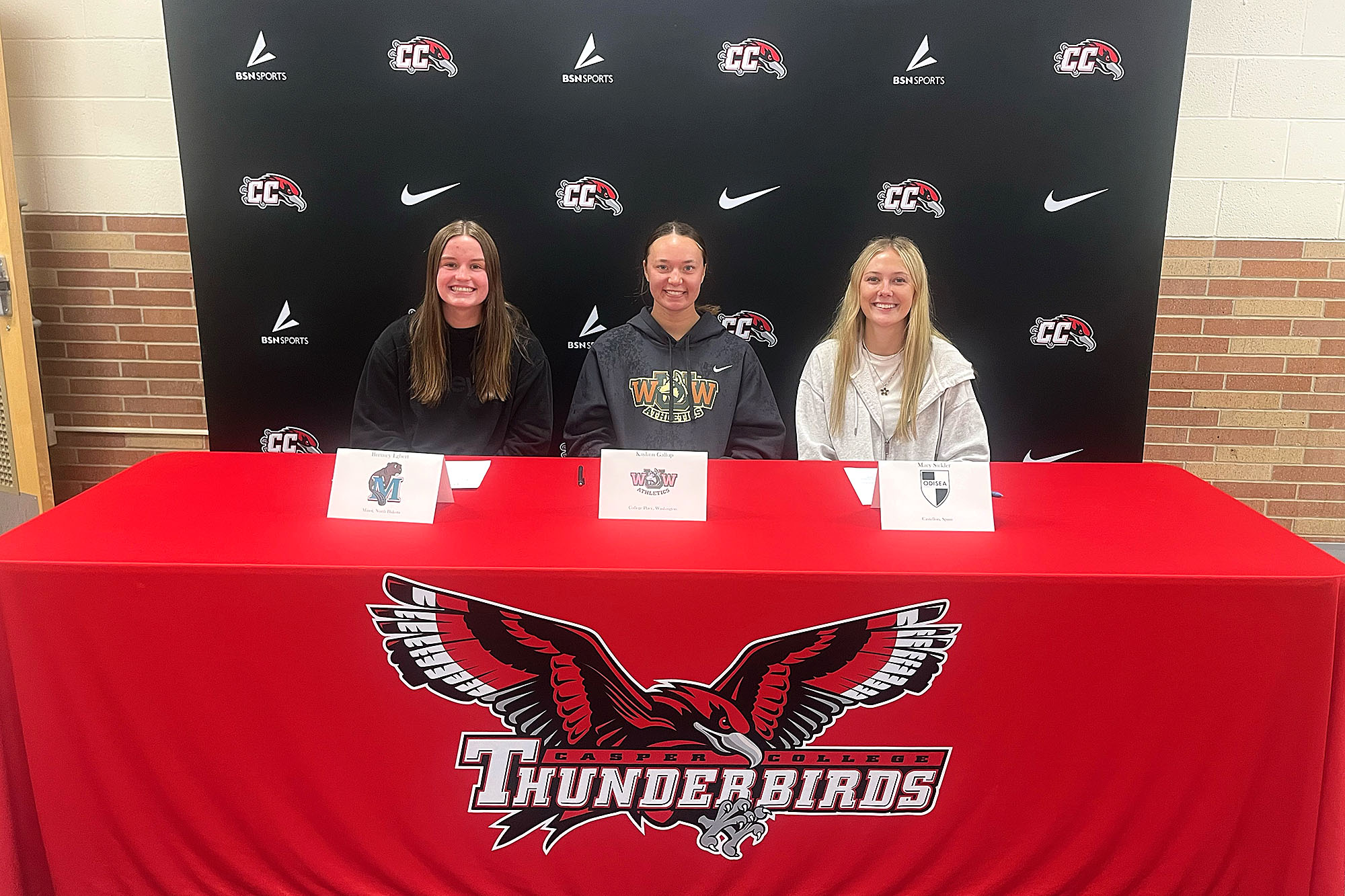 SoccerSigningForThreeImage–0525 Three 2024-2025 Casper College soccer players sign their letters of intent. From left to right, Brittney Egbert, Kaylinn Gallup, Macy Sickler.