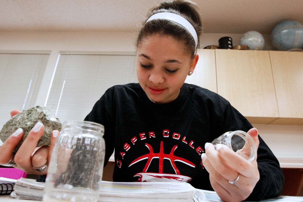Student identifies and examines rock samples during a hands-on geology laboratory exercise.
