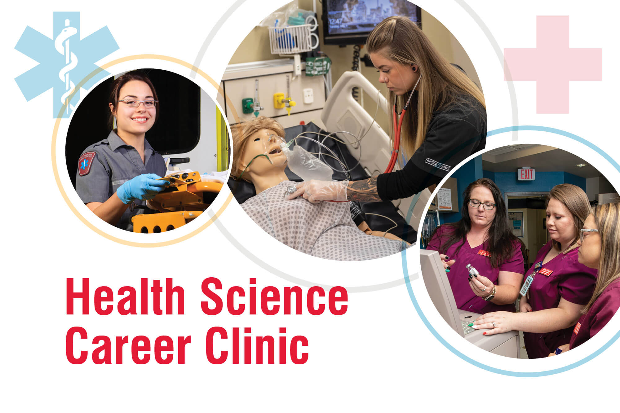 Image of students and instructors in Casper College's School of Health Science with the words "Health Science Career Clinic" for a press release.