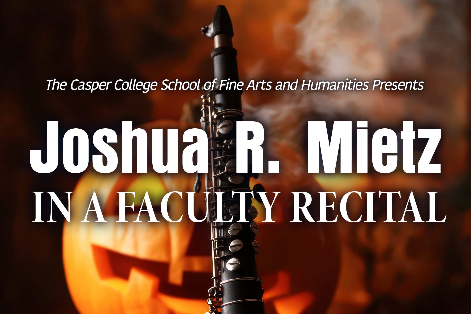 Press Release – Mietz Faculty Recital Image of a clarinet with a carved pumpkin in the background for a press release on a faculty recital.