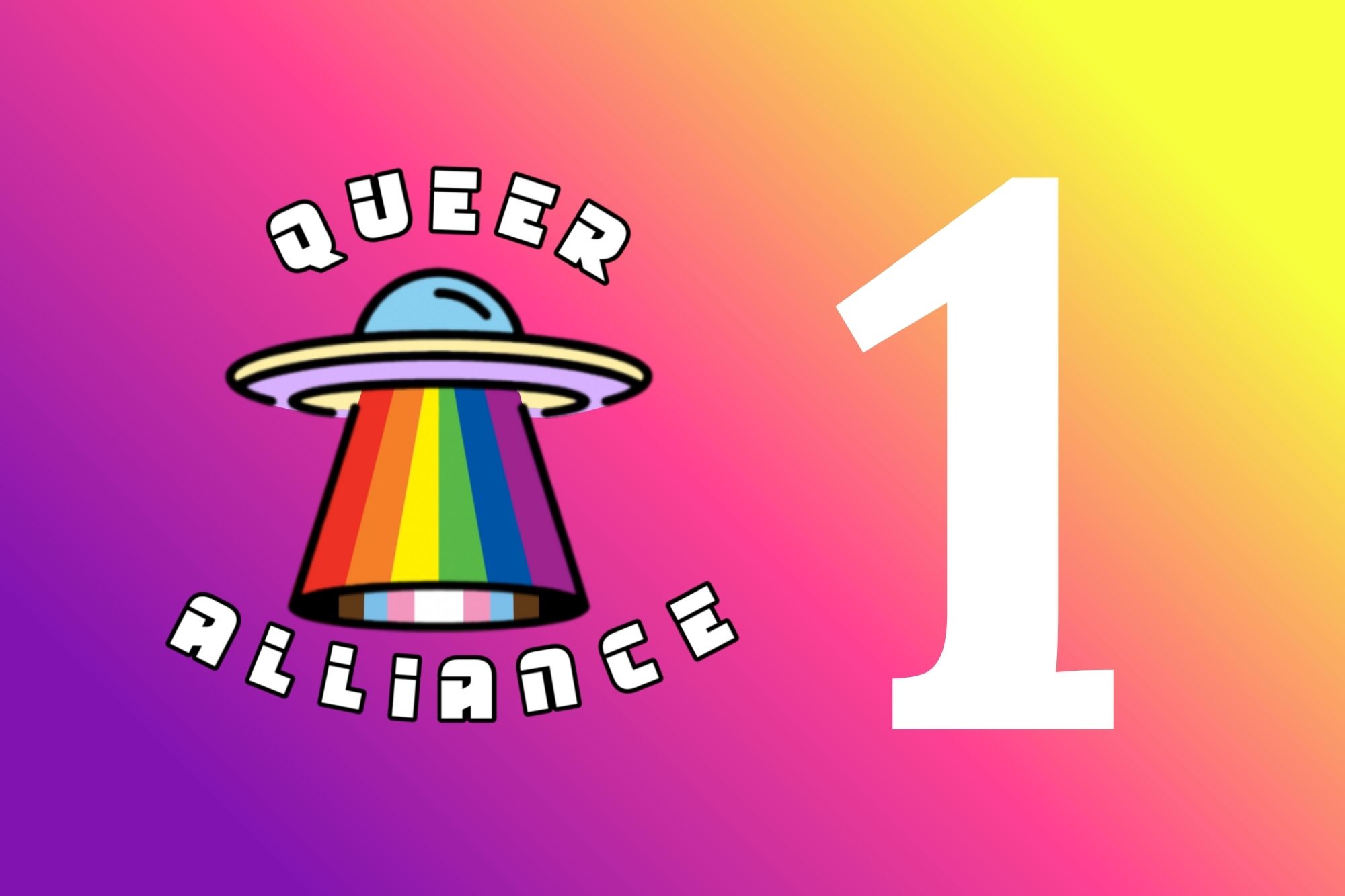 Drawing of spaceship with words "Queer Alliance" and the number 1 to the right side. Image for a press release.