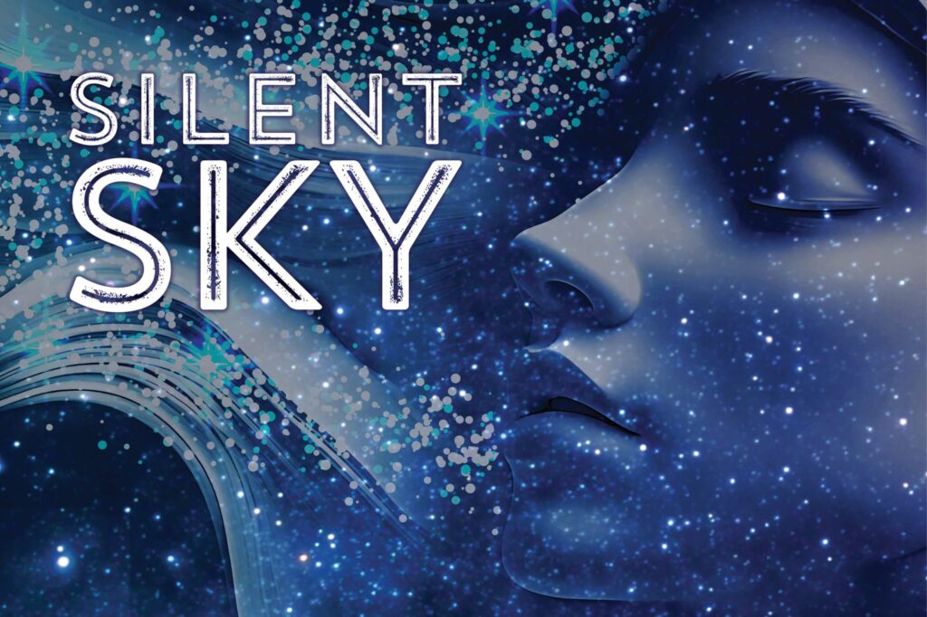 Blue image of a female face with closed eyes for the press release post of the theater department's production of "Silent Sky."