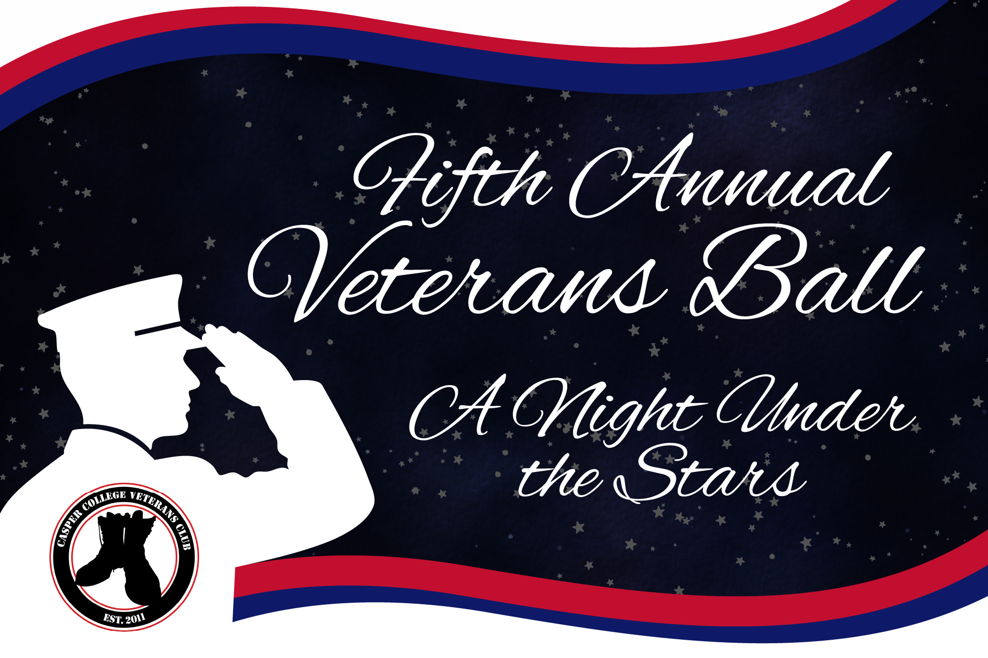 Image of soldier saluting against a dark blue background with the words "Fifth Annual Veterans Ball A Night Under the Stars."