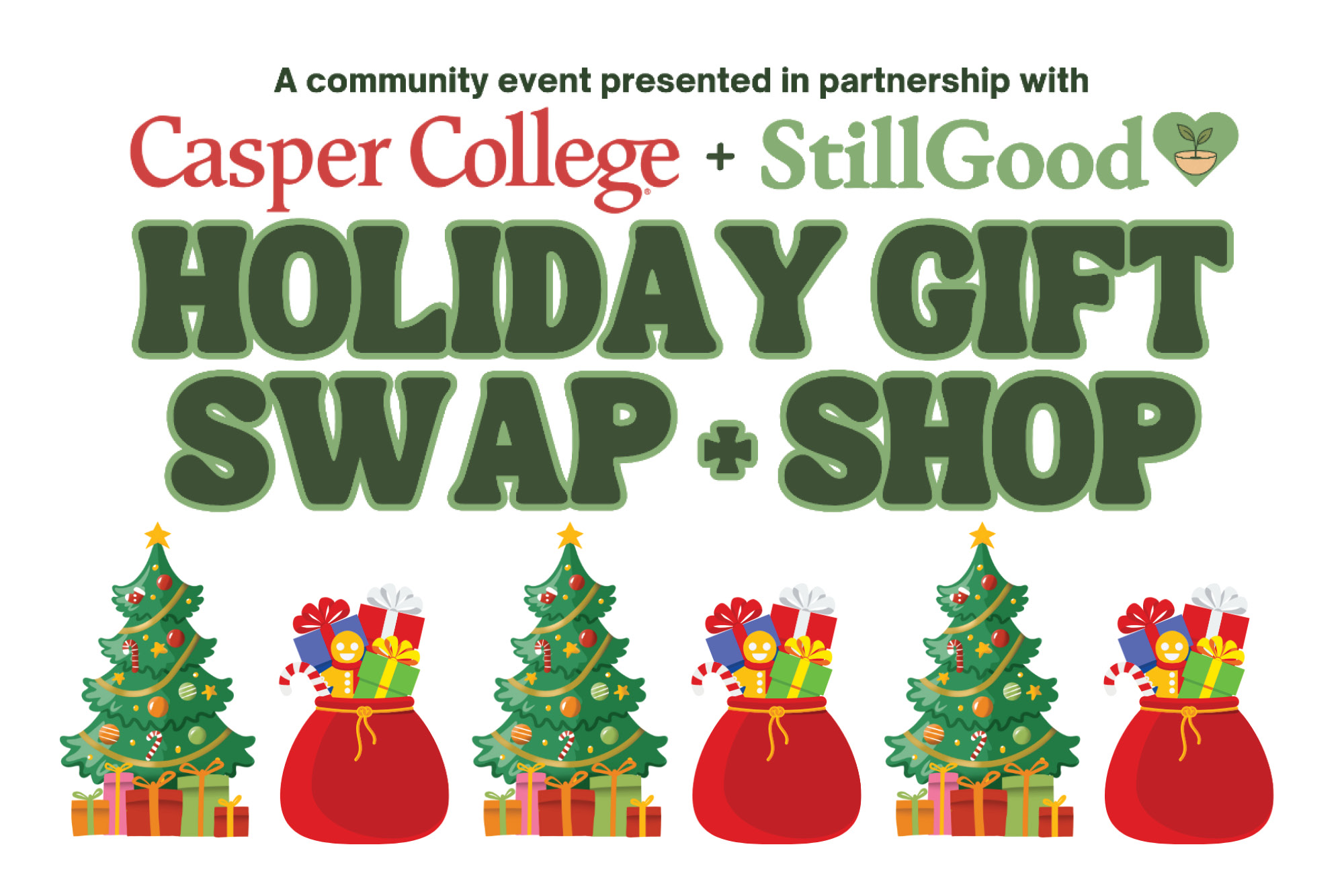 Drawing of Christmas trees and bags, both with presents with the words "Holiday Gift Swap and Shop" for the news release for the event.