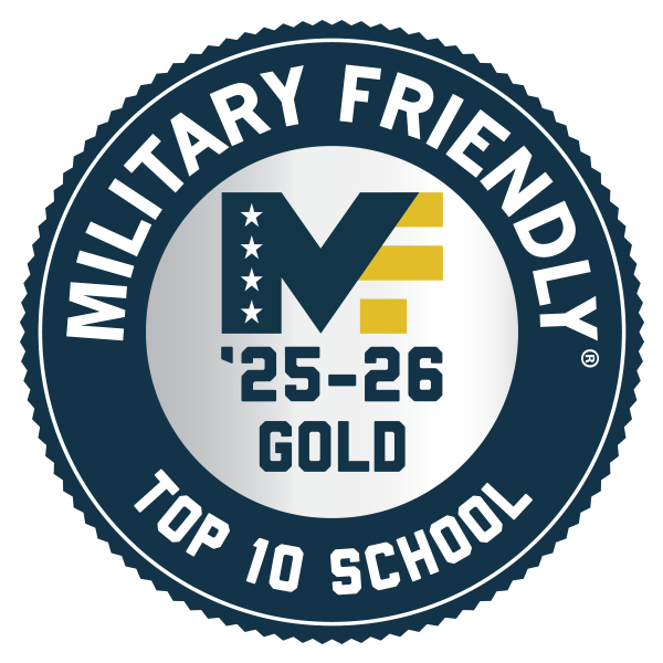 Circular badge-style logo reading “MILITARY FRIENDLY® TOP 10 SCHOOL.” Center shows a stylized “MF” with stars, and the text “’25–’26 GOLD.”