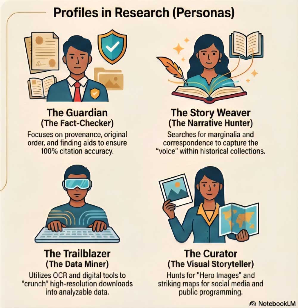 Infographic titled “Profiles in Research (Personas)” featuring four illustrated researcher types arranged in a 2x2 grid. Top left: “The Guardian (The Fact-Checker)” shows a professionally dressed person with documents, certificates, and a shield icon. Description reads: “Focuses on provenance, original order, and finding aids to ensure 100% citation accuracy.” Top right: “The Story Weaver (The Narrative Hunter)” shows a person reading an open book with a feather pen and floating books around them. Description reads: “Searches for marginalia and correspondence to capture the ‘voice’ within historical collections.” Bottom left: “The Trailblazer (The Data Miner)” shows a person wearing futuristic glasses typing on a keyboard. Description reads: “Utilizes OCR and digital tools to ‘crunch’ high-resolution downloads into analyzable data.” Bottom right: “The Curator (The Visual Storyteller)” shows a person holding a photograph in one hand and a map in the other. Description reads: “Hunts for ‘Hero Images’ and striking maps for social media and public programming.”