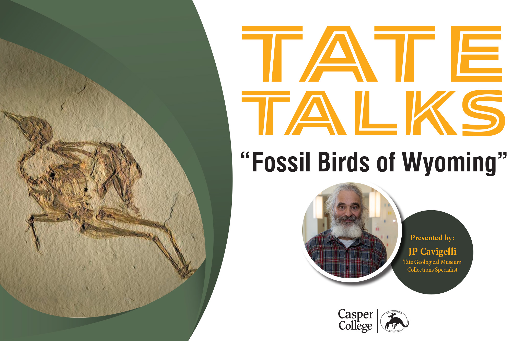TateTalksImage Image of bird fossl imprint in rock, and a small photo of JP Cavigelli with the words Tate Talk "Fossil Birds of Wyoming" Presented by JP Cavigelli Tate Geological Museum Collections Specialist.