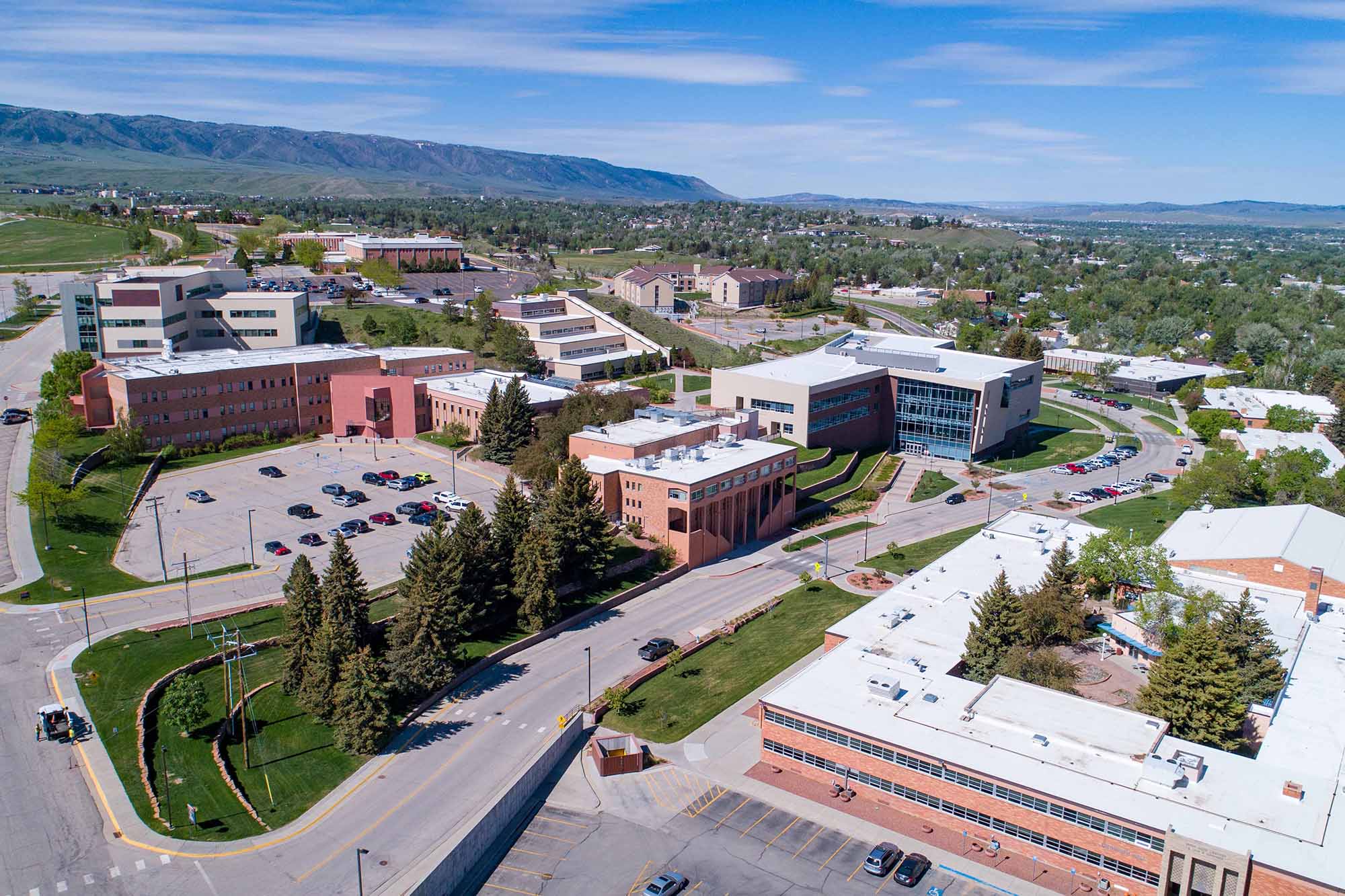 casper-college-campus-aerial Aerial view of Casper College campus with the Rocky Mountains in the distance, featured for the Fall 2025 President's Honor Roll.