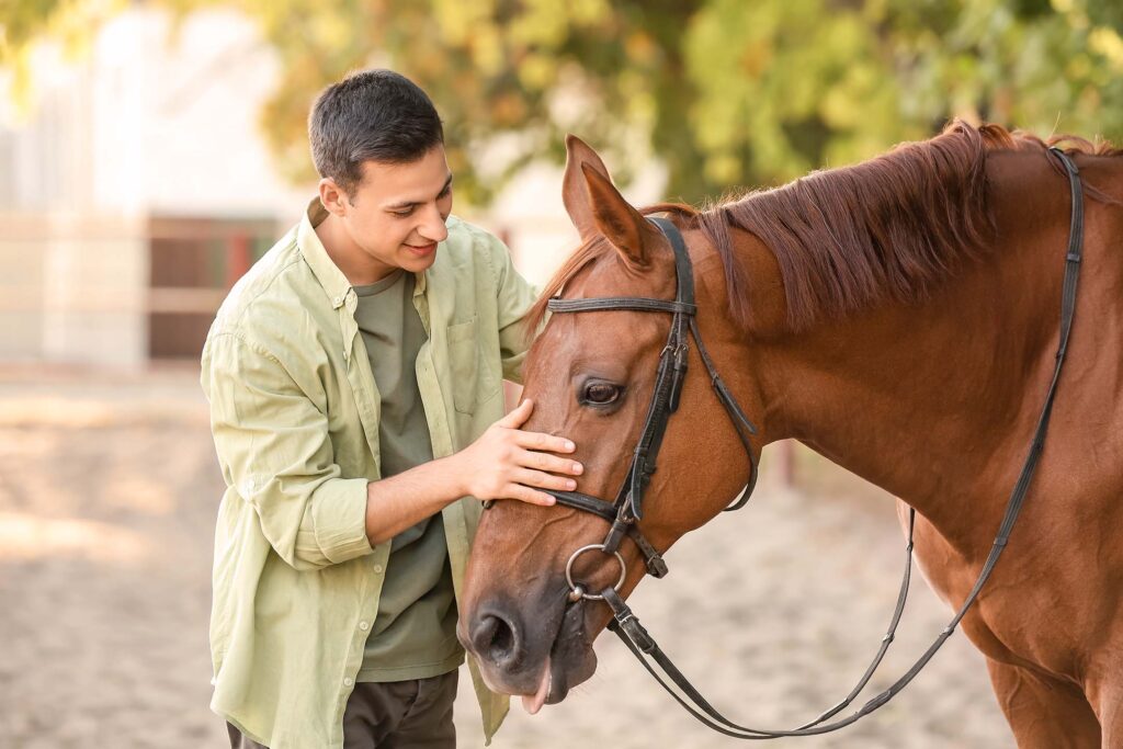 Person gently interacting with a horse outdoors. Equine assisted therapy