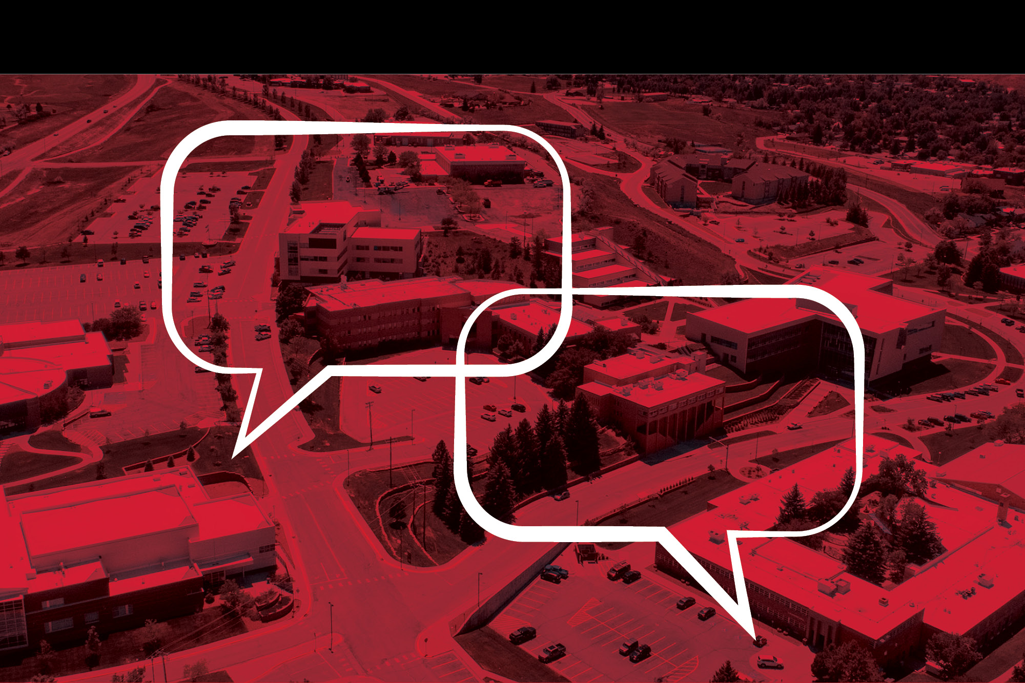 Aerial view of Casper College campus with a red color overlay and two white speech bubble icons overlapping in the center.