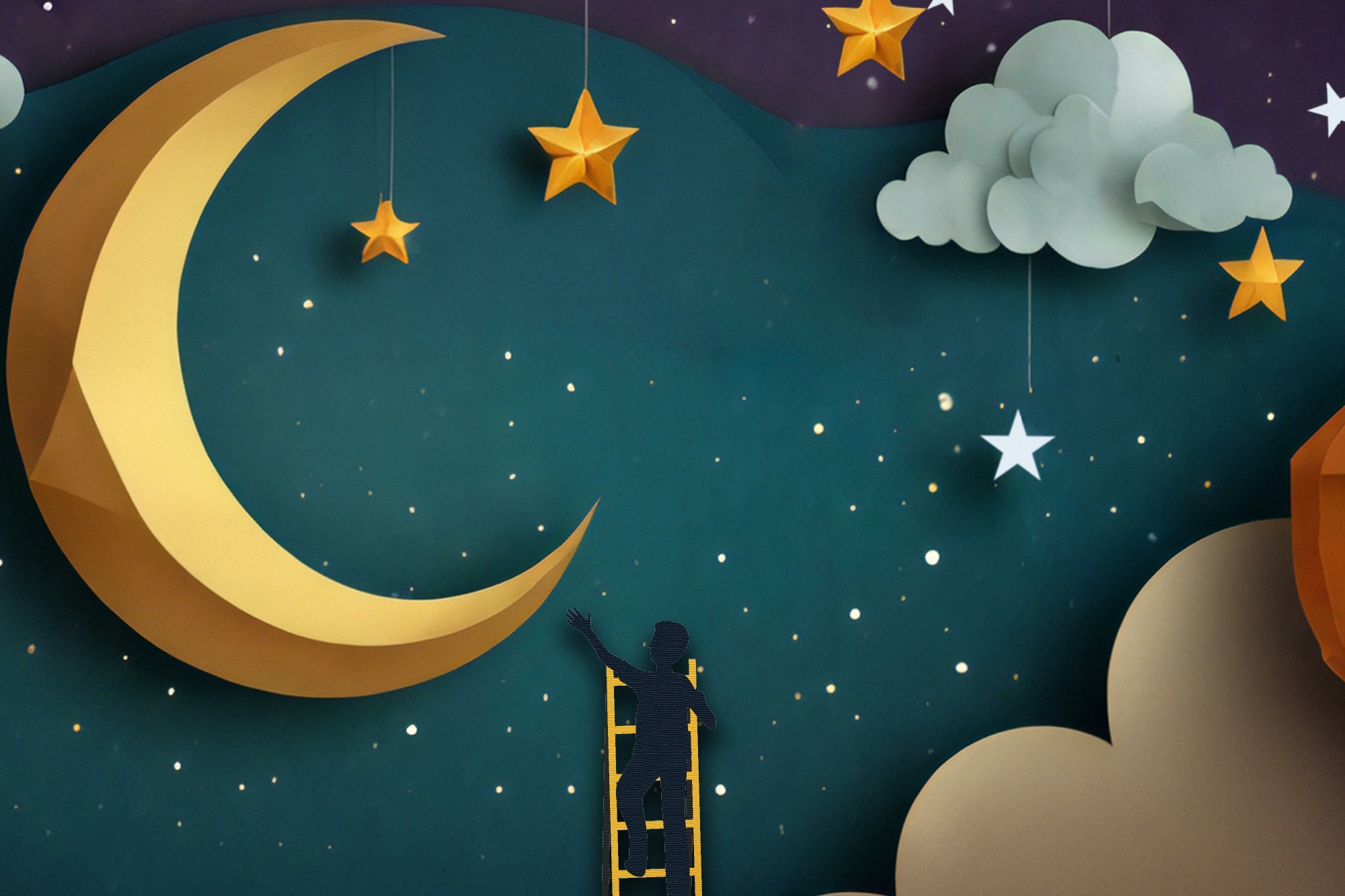 A paper-style illustration featuring a silhouette of a man on a yellow ladder reaching toward a large crescent moon against a starry night sky with clouds.