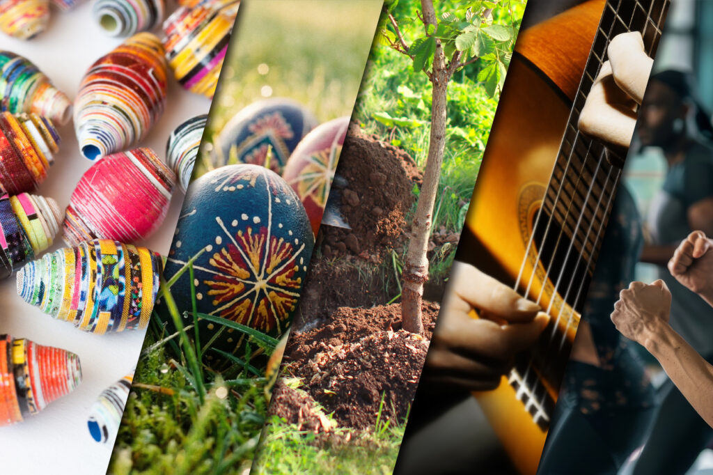 A collage of March classes at Casper College featuring paper beads, Ukrainian eggs, tree planting, guitar, and self-defense.
