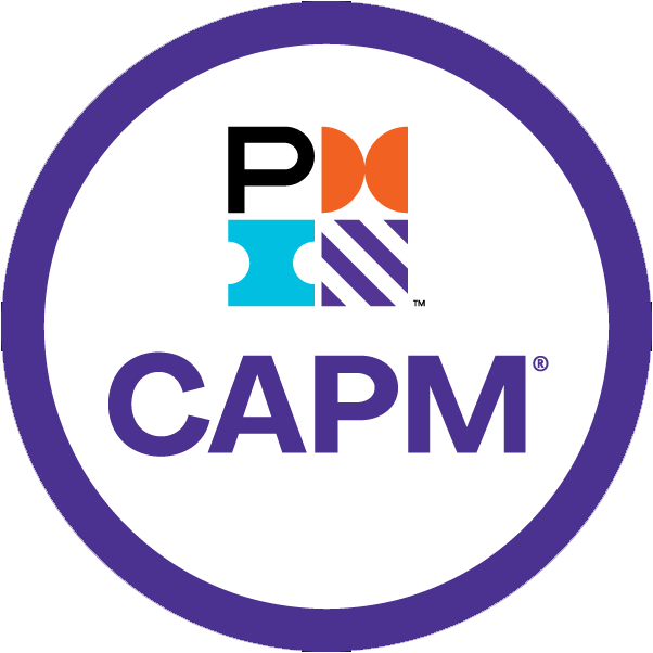 Circular PMI certification badge with a purple border, the PMI logo at the top, and the letters “CAPM” centered below.