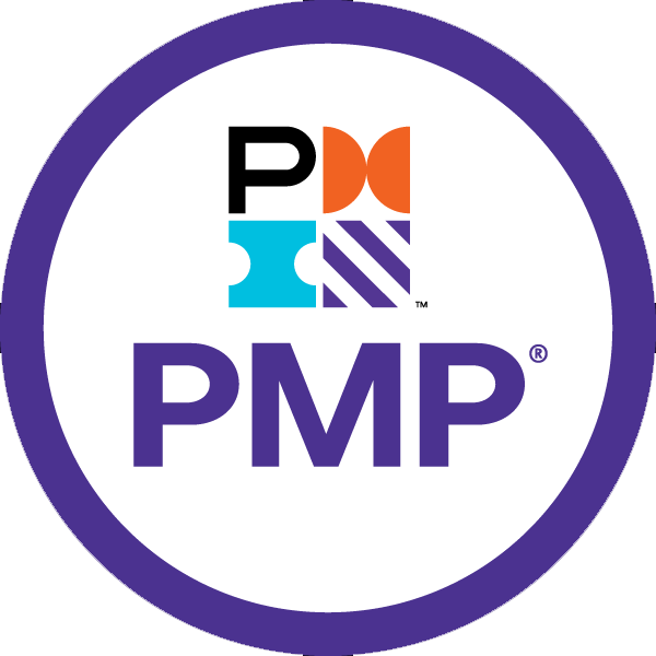 Circular PMI certification badge with a purple border, the PMI logo at the top, and the letters “PMP” centered below.