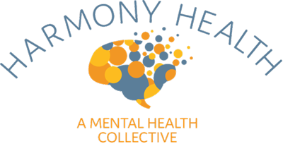 Picture2 Harmony Health logo with a stylized speech-bubble brain made of yellow, orange, and blue circles and the words “A Mental Health Collective.