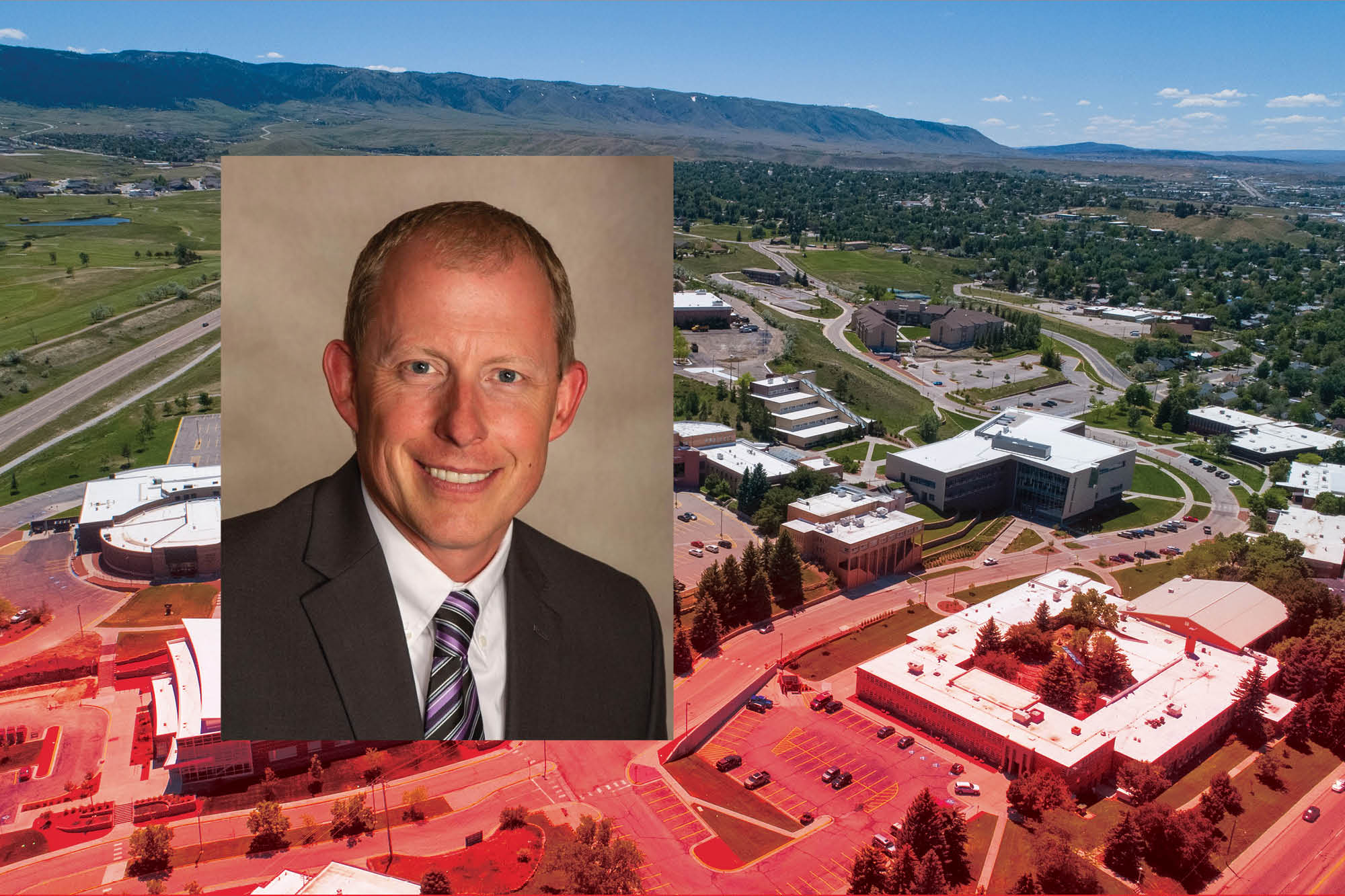 Portrait of Casper College President Brandon Kosine overlaid on an aerial view of the Casper College campus.